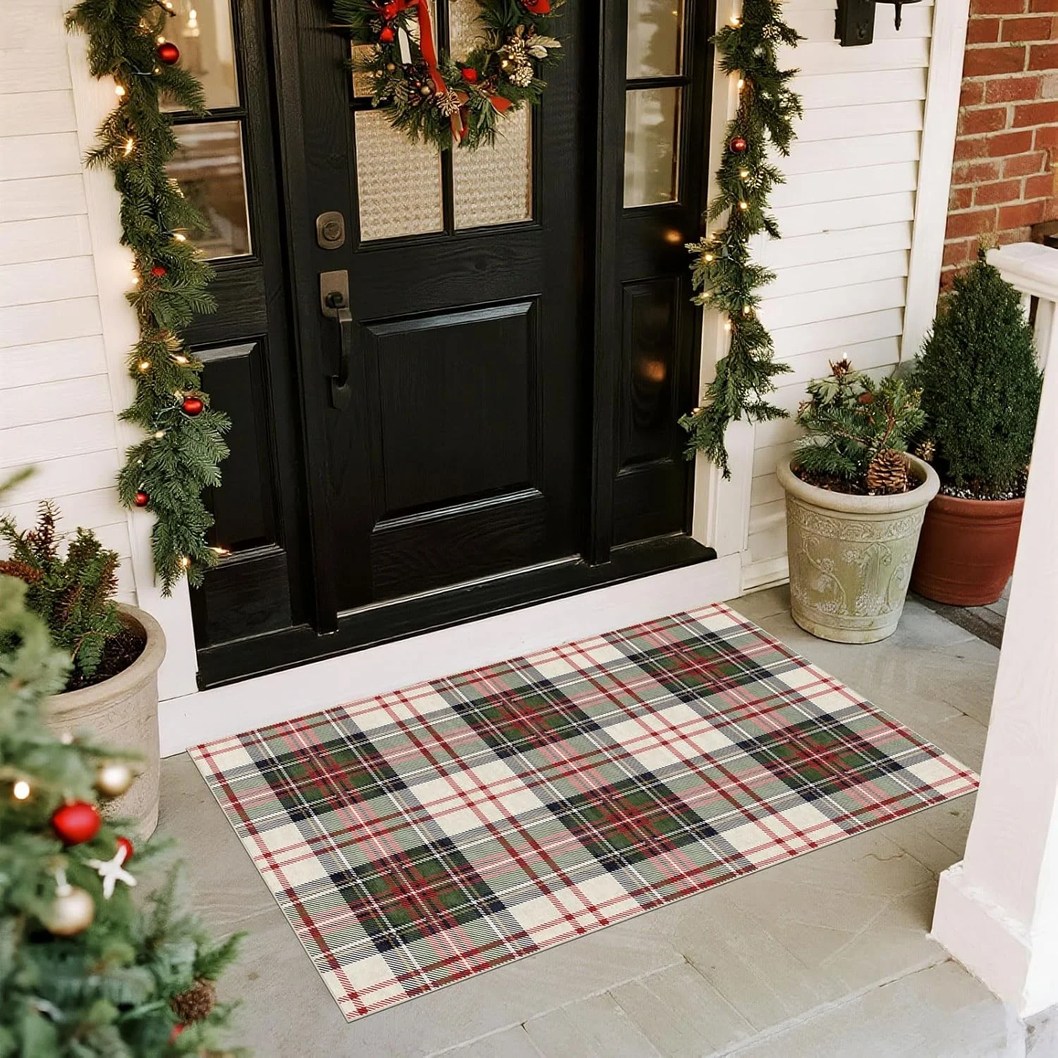 Christmas 3x5 Entry Rug - Small Washable Indoor Outdoor Mats for Front Door Non-Slip Porch Rug Holiday Tartan Plaid Throw Rugs for Living Room Bedroom Entryway Kitchen Office Porch Decor