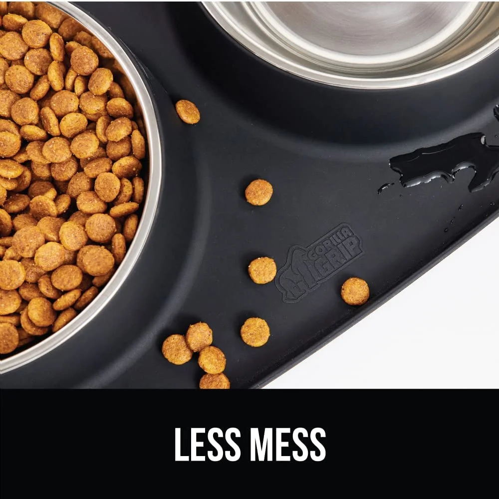 Waterproof Pet Feeding Mat Set with Stainless Steel Bowls, Slip Resistant, , 2 Cup Black