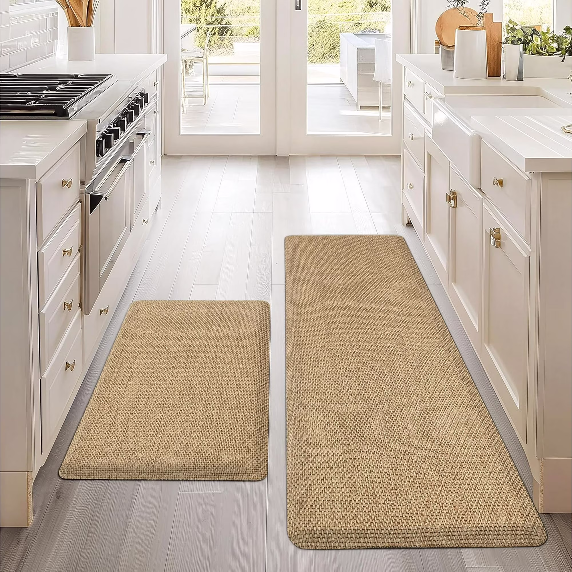 Kitchen Mats 2PCS Cushioned Anti-Fatigue Kitchen Mats for Floor Non Slip Kitchen Rugs Absorbent Memory Foam Comfort Standing Mat for Front of Sink, Office, Laundry(Beige, 17.3"x28"+17.3"x47")