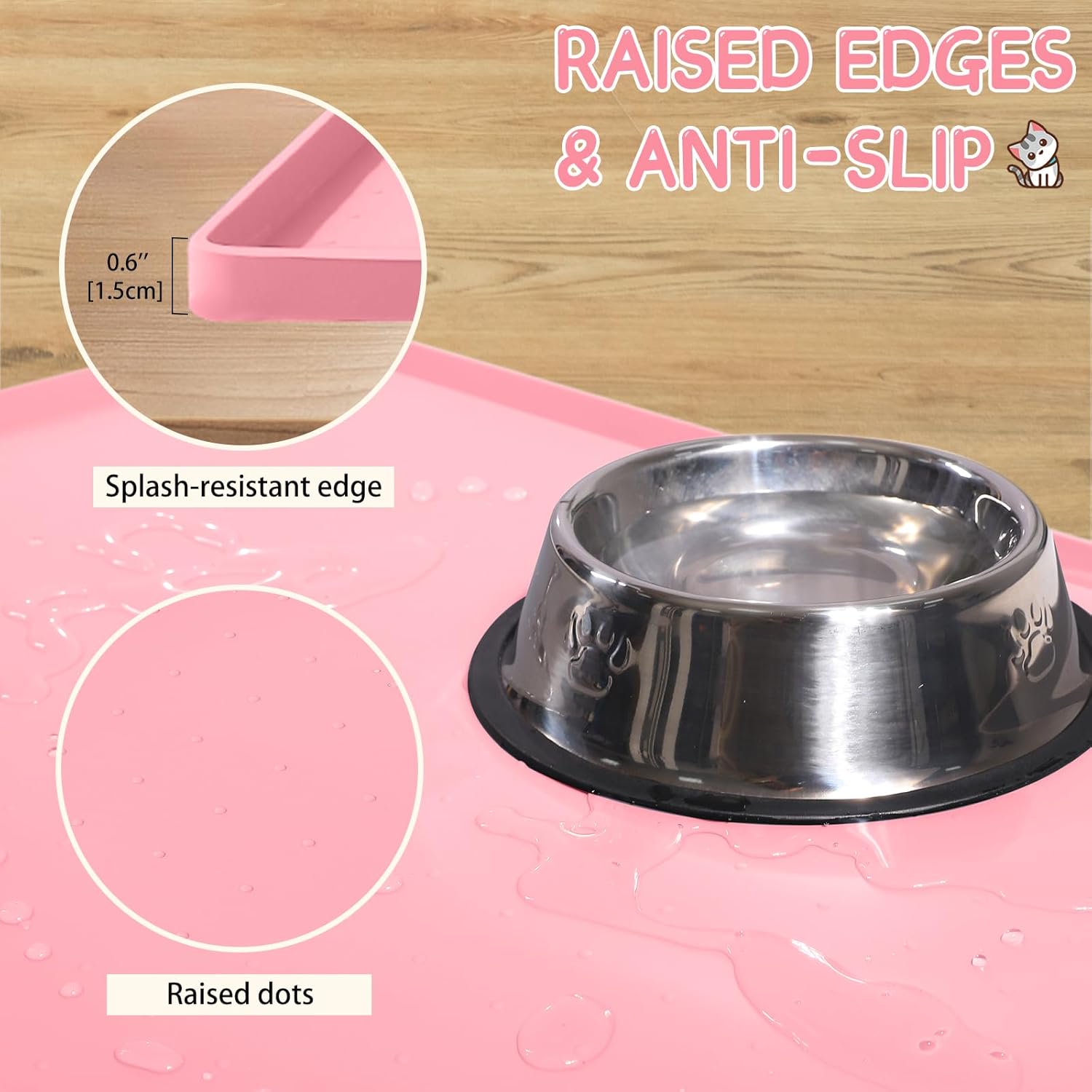 Waterproof Pet Feeding Mat with Raised Edge, Anti-Slip Dog Bowl Mat for Messy Eaters