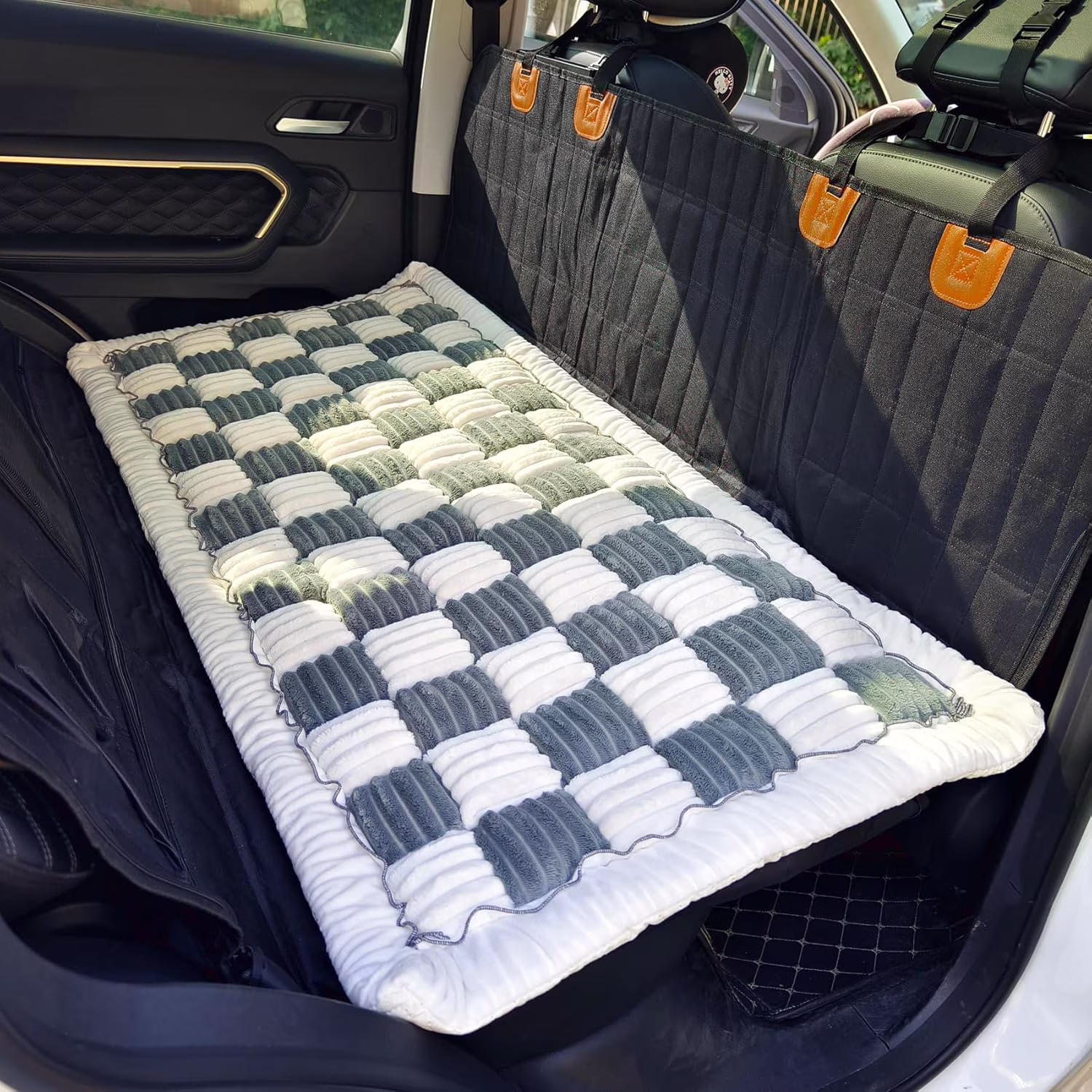 Backseat Pet Bed Mat, Plaid Dog Bed for Car Back Seat, Furry Dog Covers for Loveseats, Non-Slip Travel Pet Mat, Custom Fit for Backseat Extenders and Seat Covers (BlueGrey&White, 24.8x54 inch)