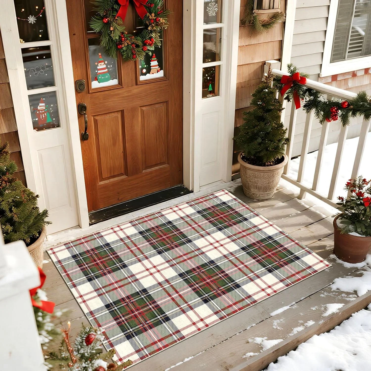 Christmas 3x5 Entry Rug - Small Washable Indoor Outdoor Mats for Front Door Non-Slip Porch Rug Holiday Tartan Plaid Throw Rugs for Living Room Bedroom Entryway Kitchen Office Porch Decor