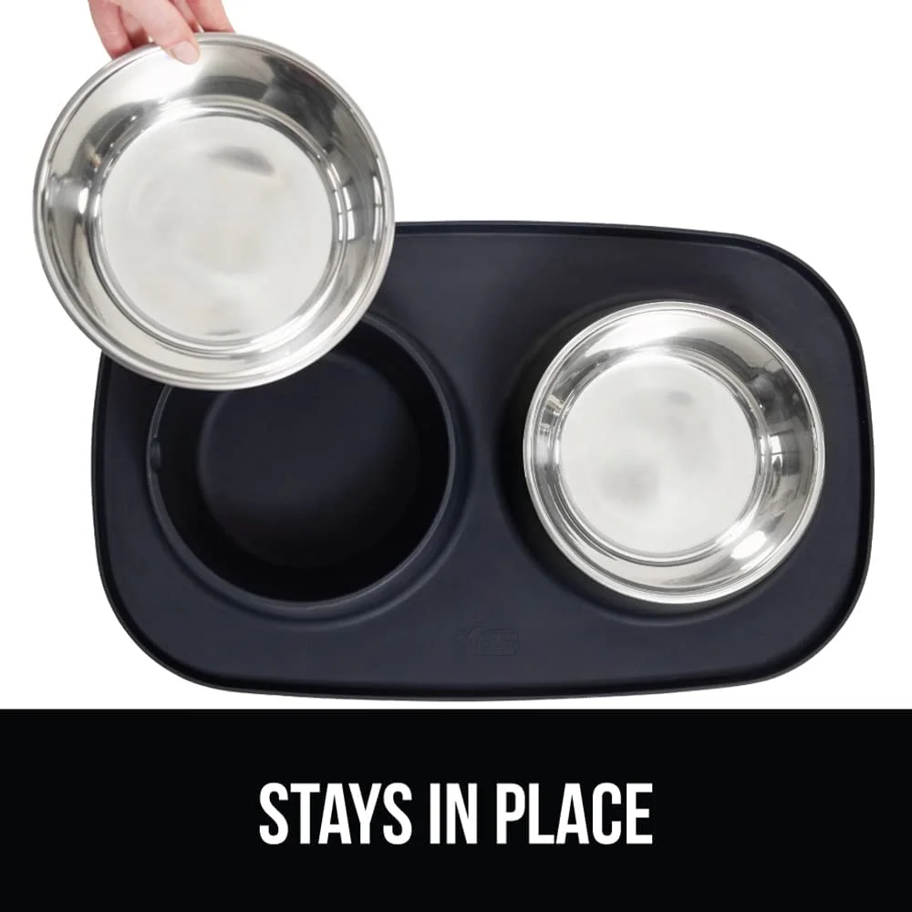 Waterproof Pet Feeding Mat Set with Stainless Steel Bowls, Slip Resistant, , 2 Cup Black