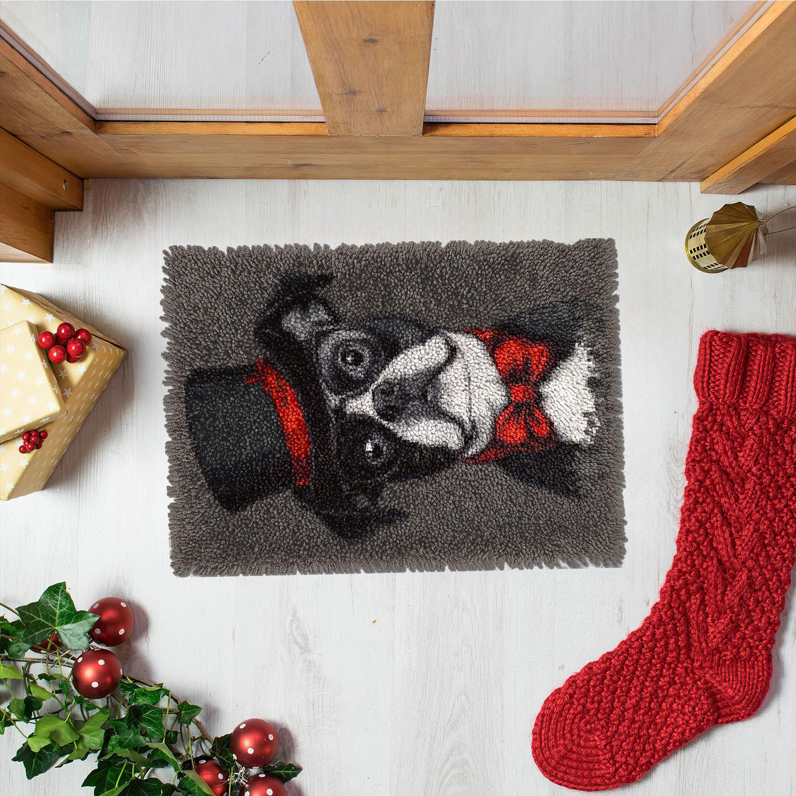 Latch Hook Rug Kit Boston Terrier Dog WearGlasses and Hat Pre-printed Handmade Carpet Crochet Yarn Craft DIY Hook and Latch Door Mat Tapestry for Home Floor Decoration 52x38cm-1