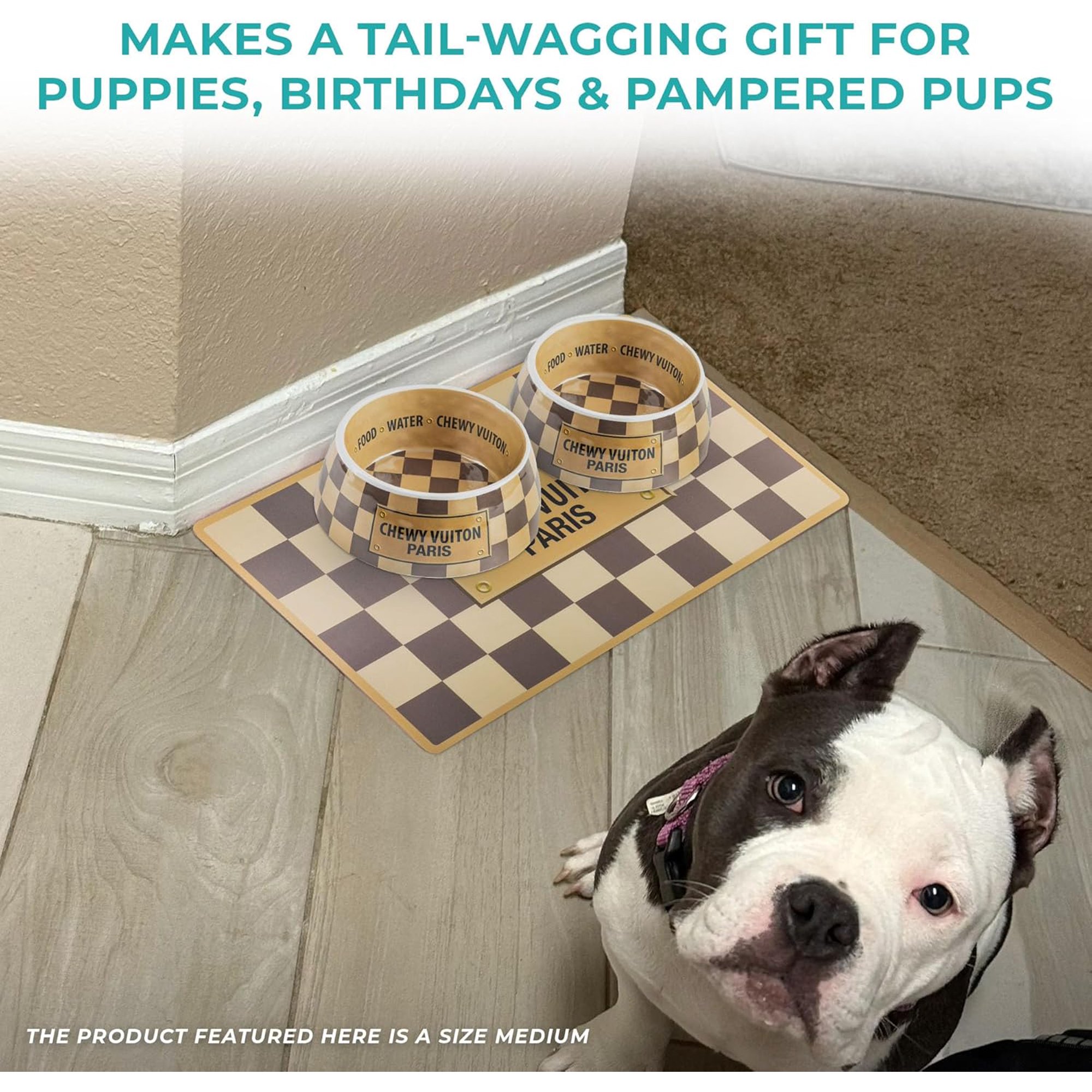 Checker Chewy Vuiton Dog Bowls & Placemat, BPA-Free Food & Water Bowls, Non-Skid, Dishwasher Safe, Includes Food Mat, Small Size, Case of 2.