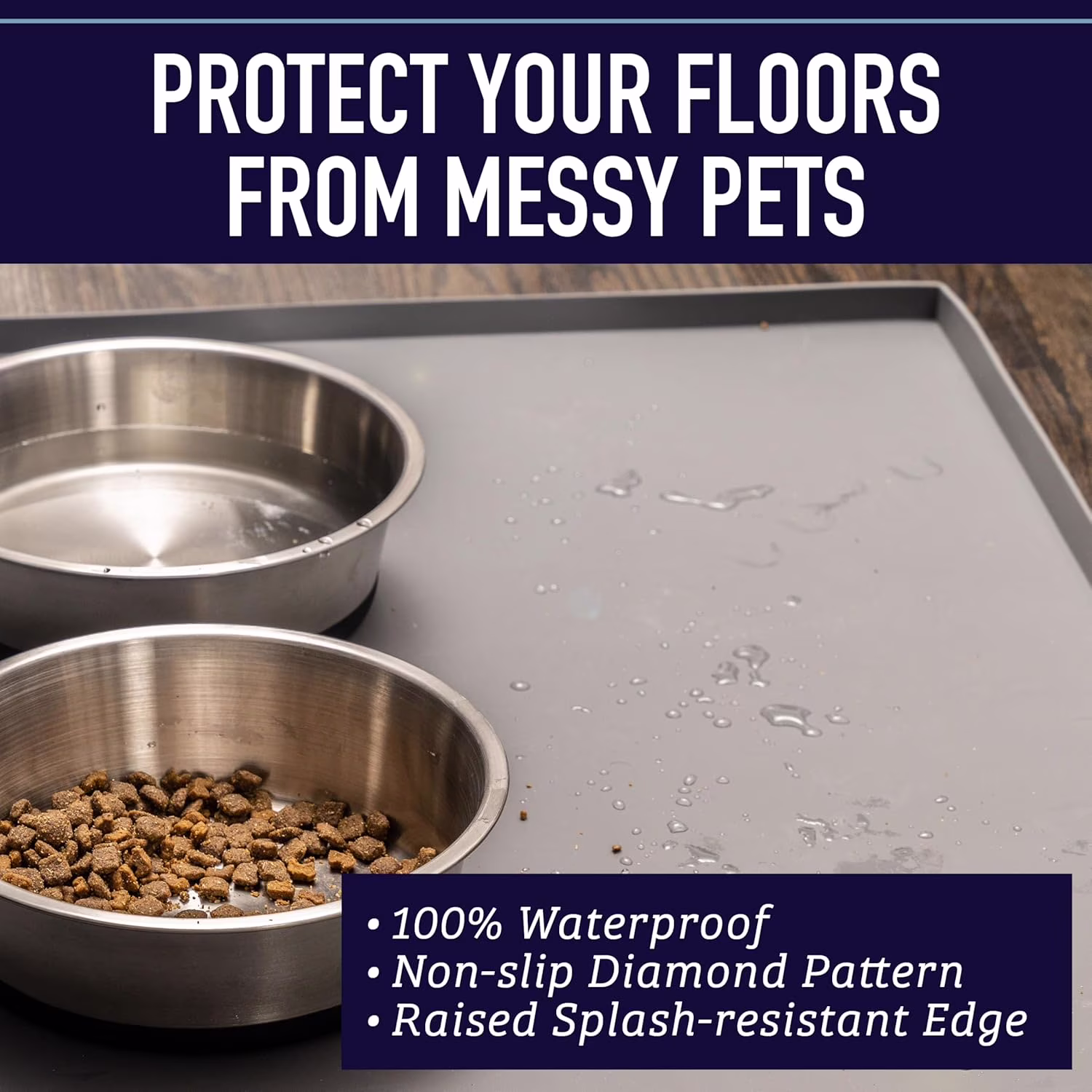 Dog Food Mat for Food and Water Bowls, Waterproof Silicone Pet Feeding Mat for Floors, Extra Tall Raised Edges,  and Dog Placemat for Floors, Dishwasher Safe (XXL: 30" x 22" - Navy)