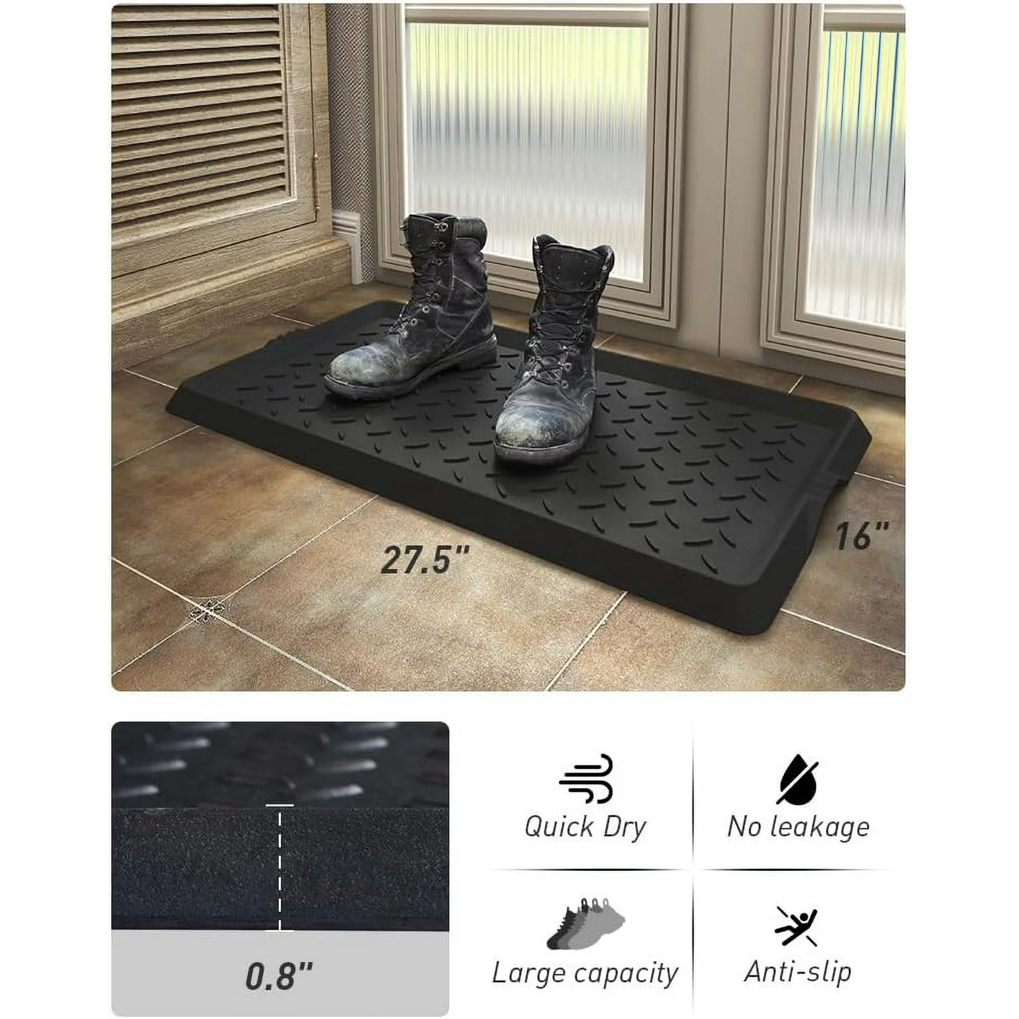 Boot-Tray Heavy Duty Rubber Mat with Lip Waterproof Shoe Mat Tray for Entryway Indoor Outdoor Multi Use Catch All Trays Entryway Shoe Storage 16x27.5 Inches