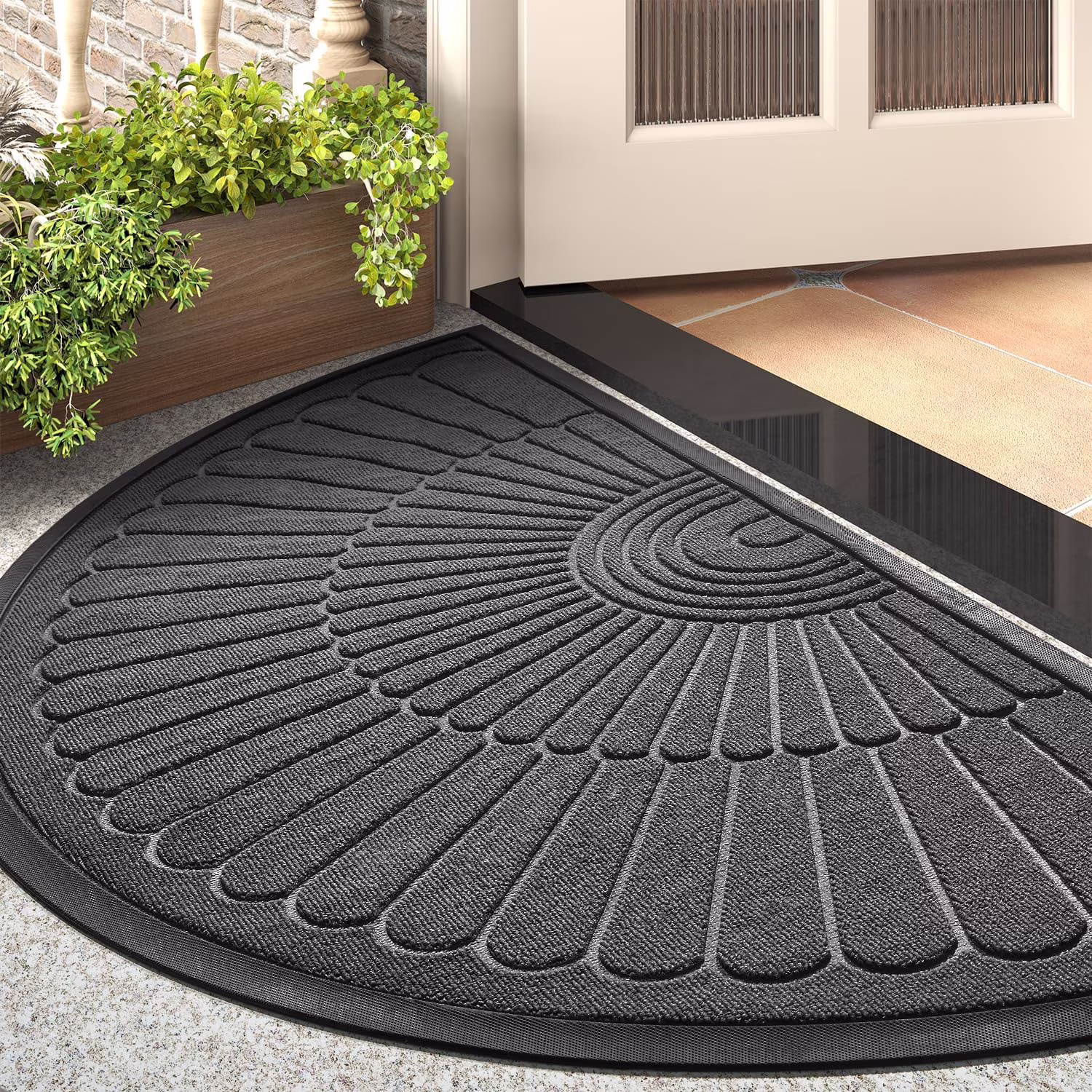 Door Mat Outdoor Indoor Entrance Doormat-Semicircular Durable Rubber Non Slip Front Door Mat for Outside Inside Entry Entryway Dirt Trapper WelcomeMat for Muddy Paws and Shoes-Grey 24”x47”