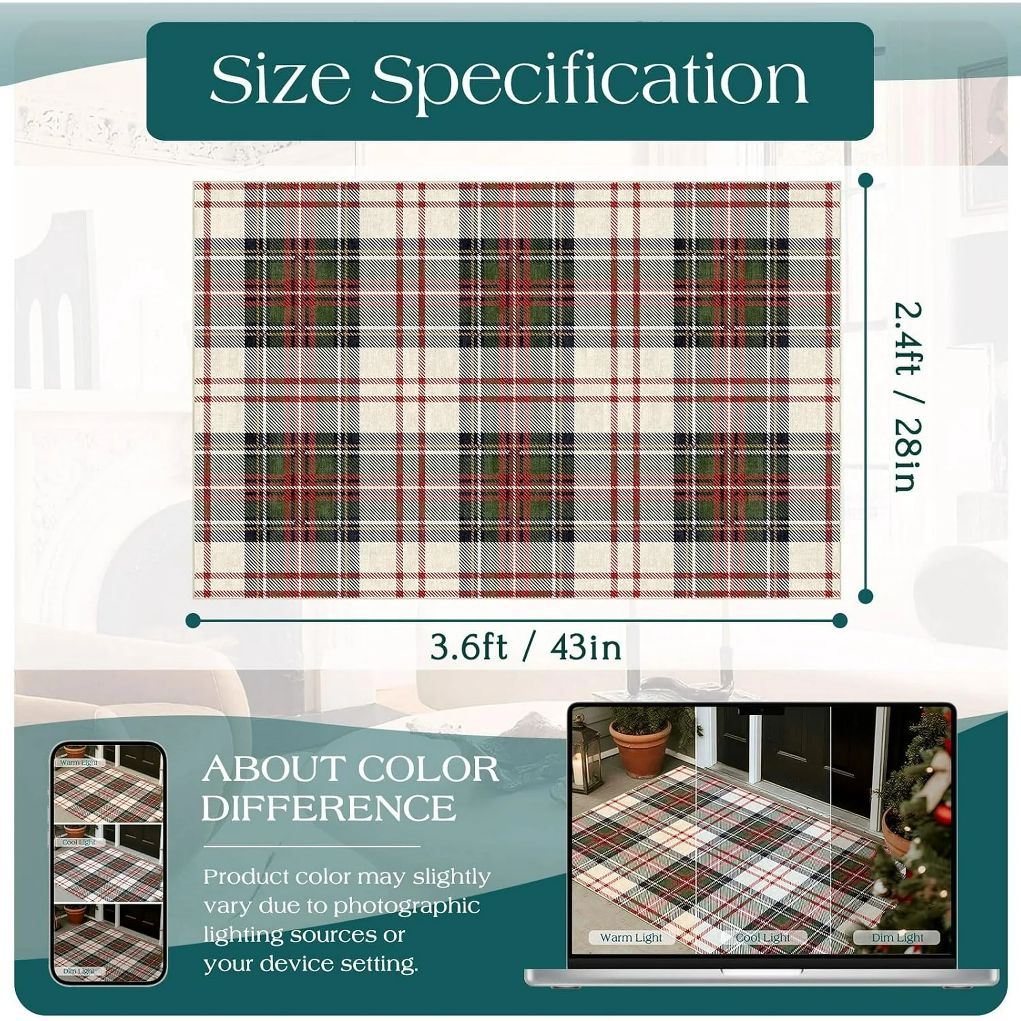 Christmas 3x5 Entry Rug - Small Washable Indoor Outdoor Mats for Front Door Non-Slip Porch Rug Holiday Tartan Plaid Throw Rugs for Living Room Bedroom Entryway Kitchen Office Porch Decor