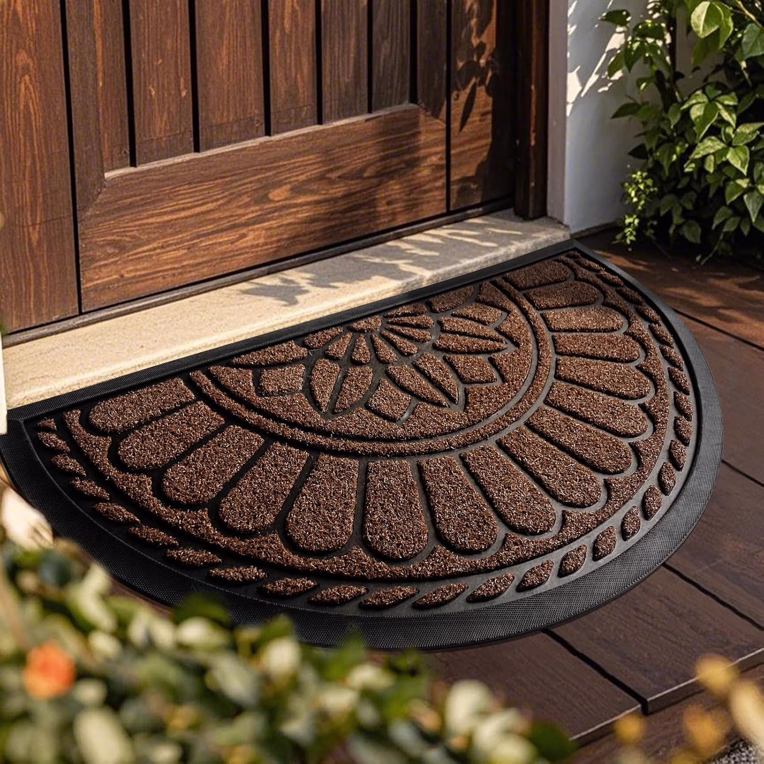 Superior Hub Front Door Mat Indoor Outdoor Entrance,Semicircular Entrance Mat, Half Round Waterproo Non-Slip Durable Rubber Door Mats,Low Profile Heavy Duty Doormat for Garage,Patio,30" x 18",Coffee