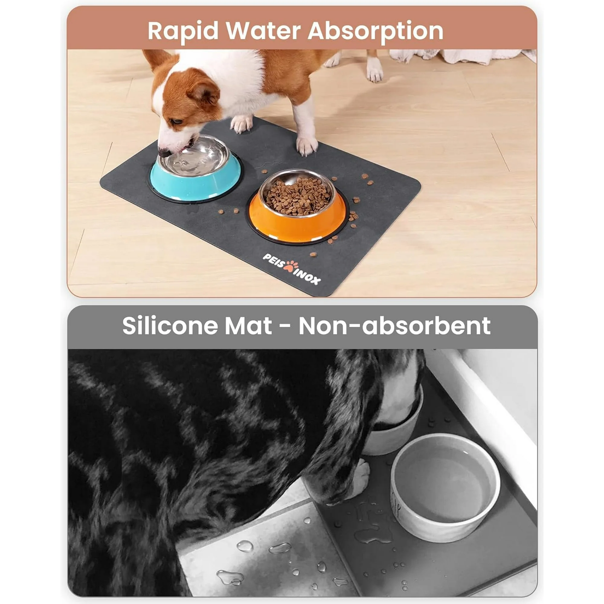 Pet Feeding Mat with  Water Absorption, Waterproof Dog & Cat Bowl Mat for Messy Drinkers