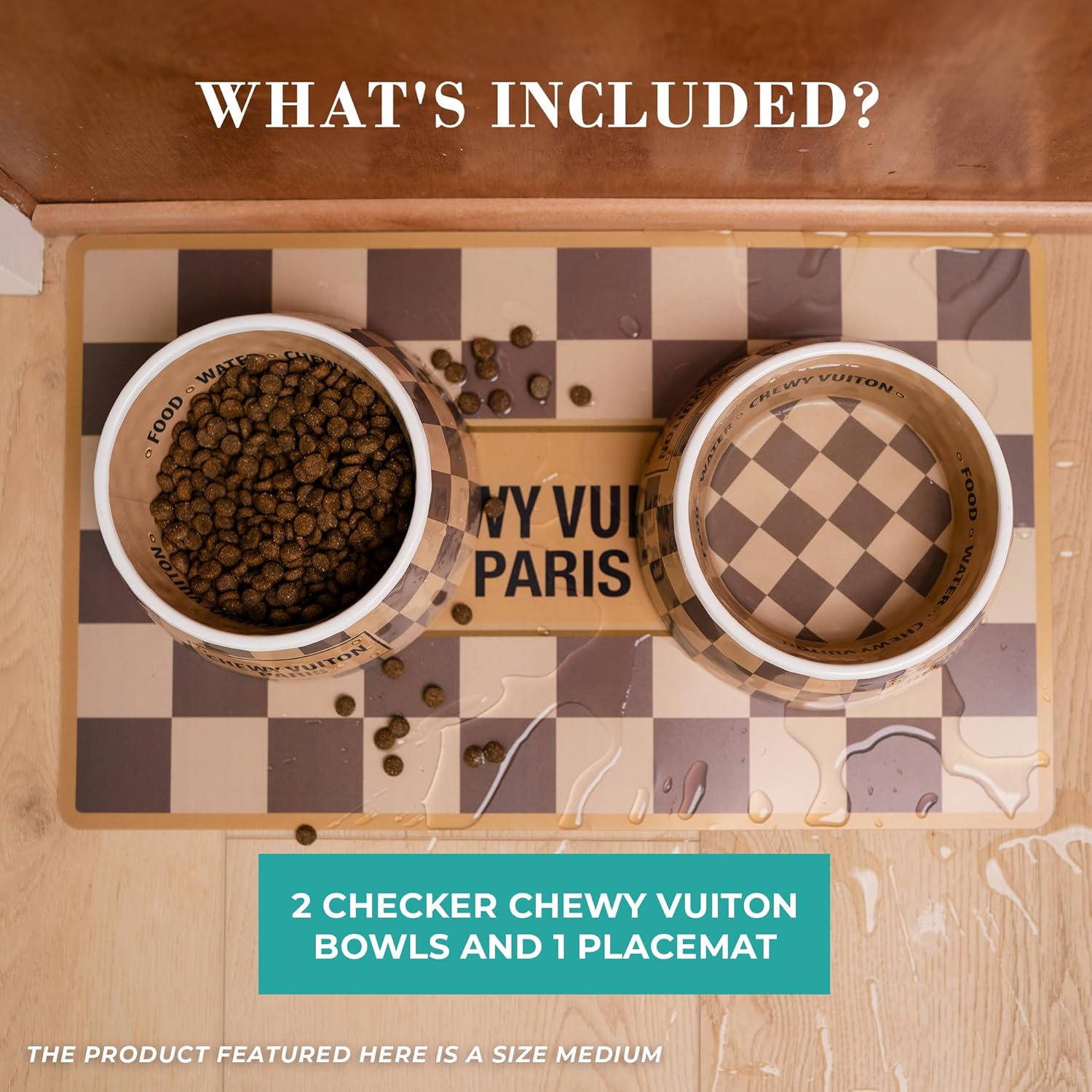 Checker Chewy Vuiton Dog Bowls & Placemat, BPA-Free Food & Water Bowls, Non-Skid, Dishwasher Safe, Includes Food Mat, Small Size, Case of 2.