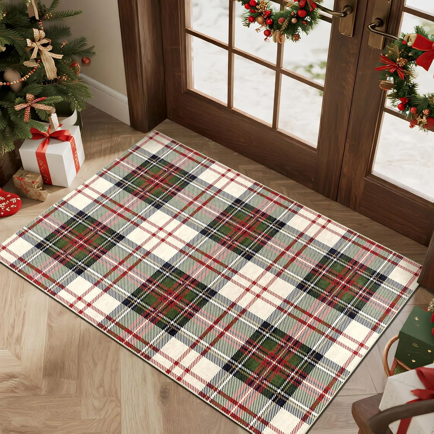 Christmas 3x5 Entry Rug - Small Washable Indoor Outdoor Mats for Front Door Non-Slip Porch Rug Holiday Tartan Plaid Throw Rugs for Living Room Bedroom Entryway Kitchen Office Porch Decor