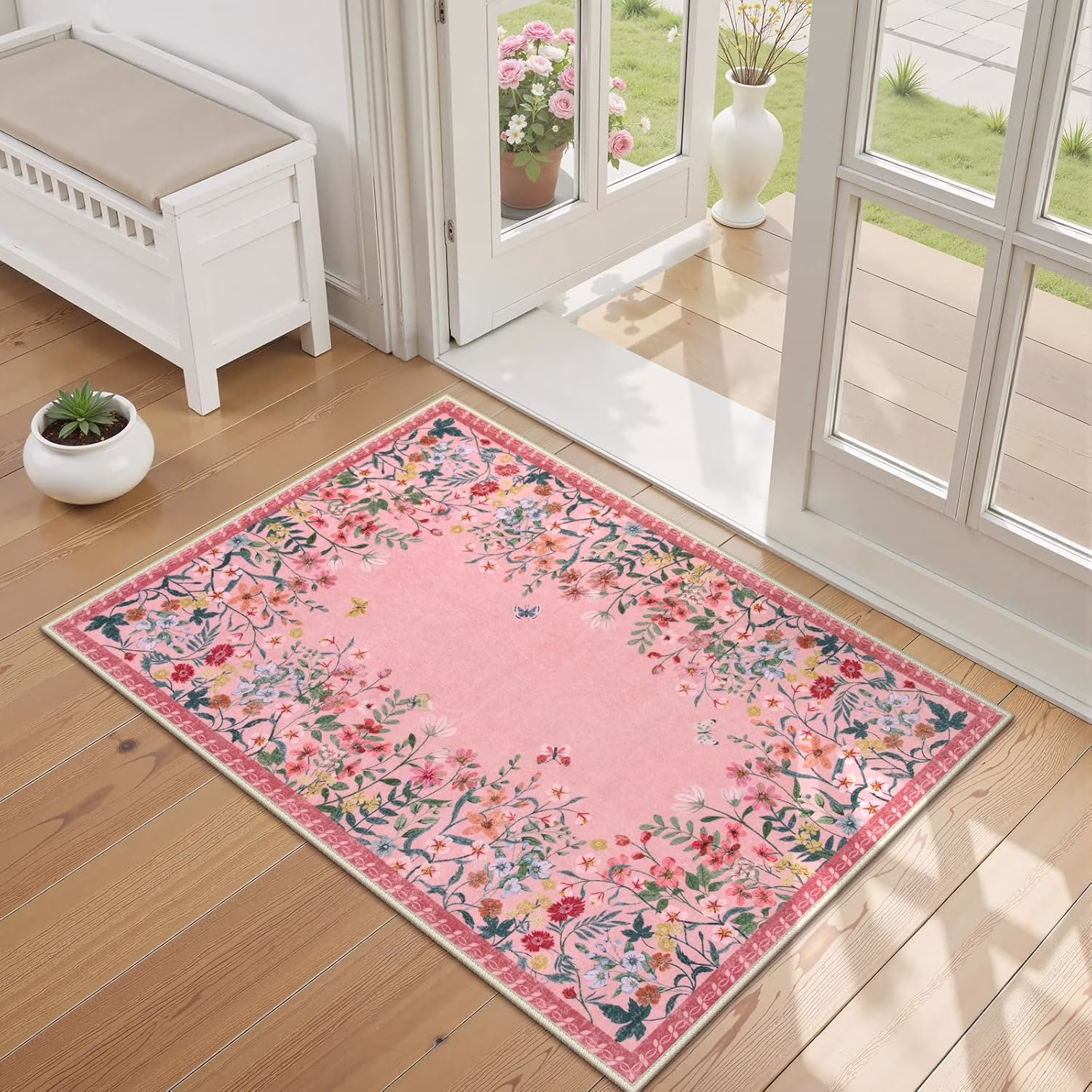 2x3 Pink Bathroom Rugs Non Slip Washable, Floral Small Area Rugs for Entryway, Low Pile Soft Door Mat Indoor Entrance Throw Carpet for Kitchen Bedside Laundry Room (Pink,2'x3')