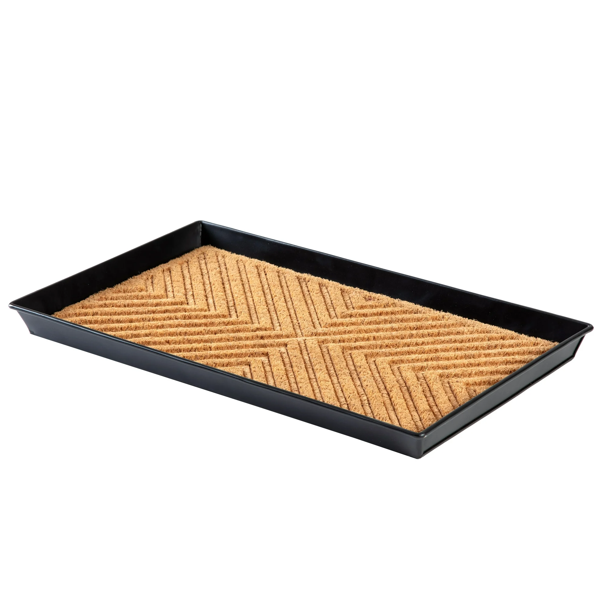 Black Metal Boot Tray with Cross Embossed Coir Insert