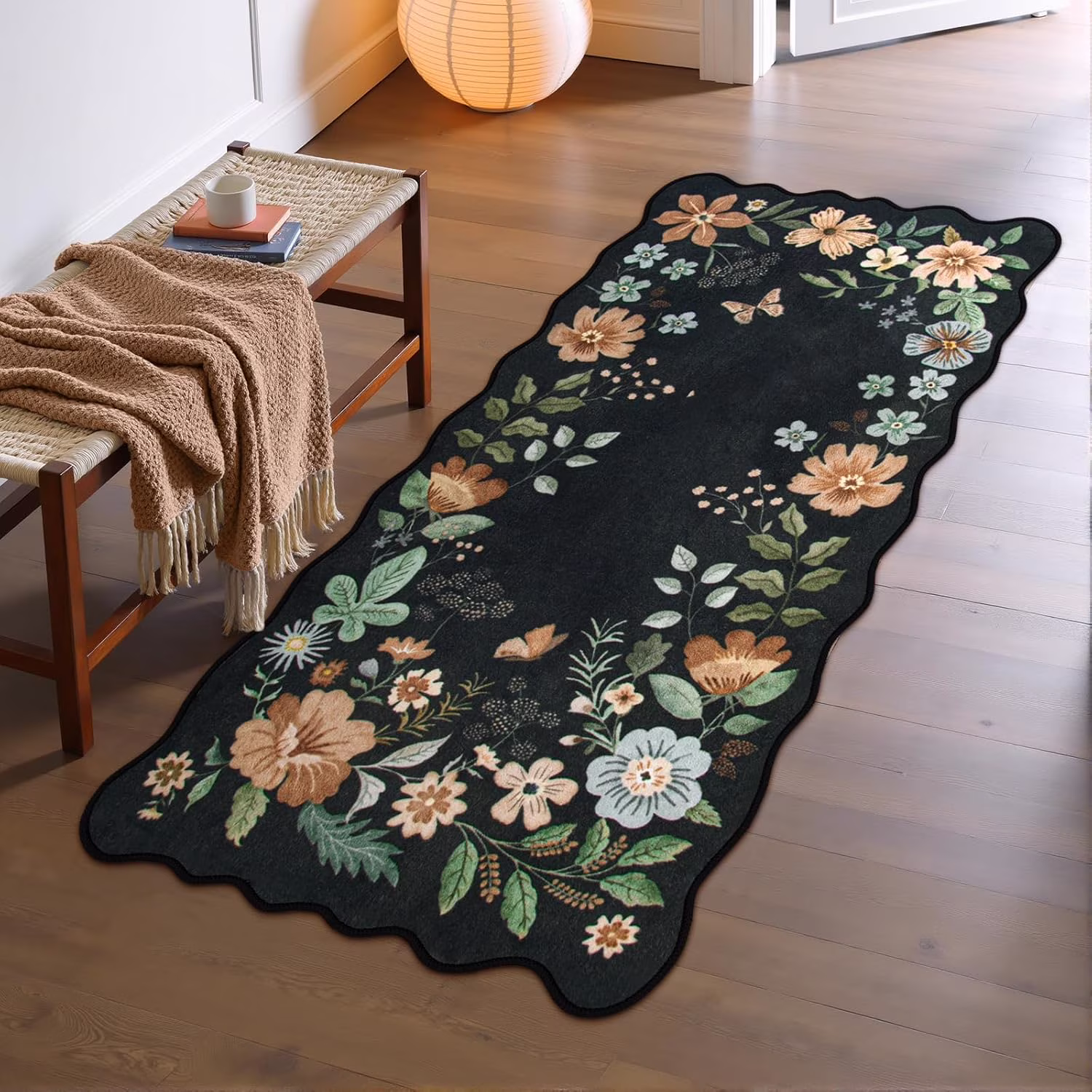 SwiftPulse Floral Entryway Rug, 2x4 Washable Kitchen Rug Ultra-Thin, Non-Slip Soft Door Mat Indoor Entrance Stain Resistant Boho Small Low-Pile Throw Carpet for Bathroom Bedroom(2x4ft,Black/Grey)