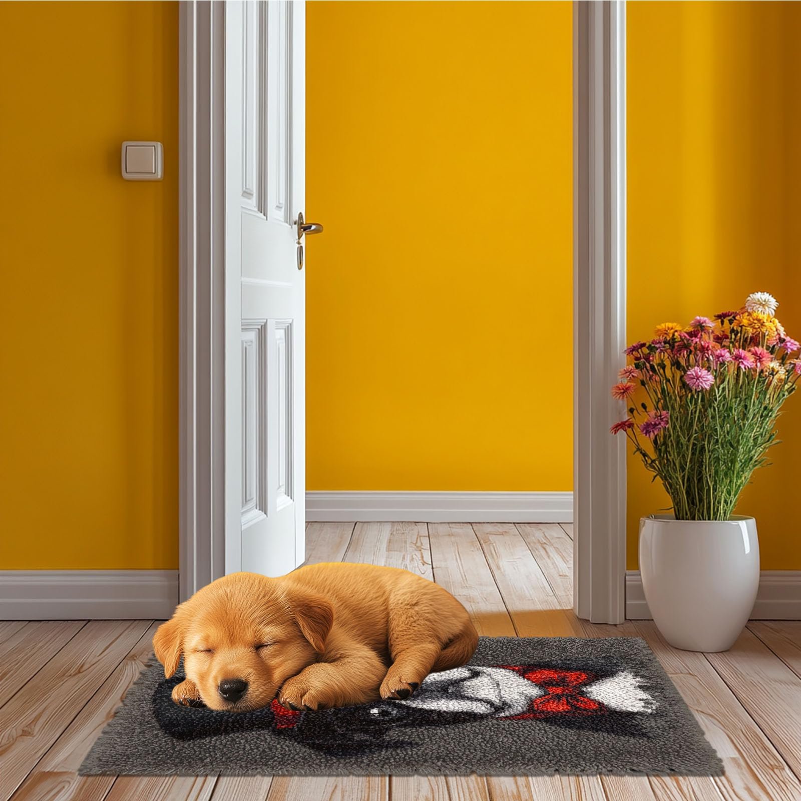 Latch Hook Rug Kit Boston Terrier Dog WearGlasses and Hat Pre-printed Handmade Carpet Crochet Yarn Craft DIY Hook and Latch Door Mat Tapestry for Home Floor Decoration 52x38cm-1