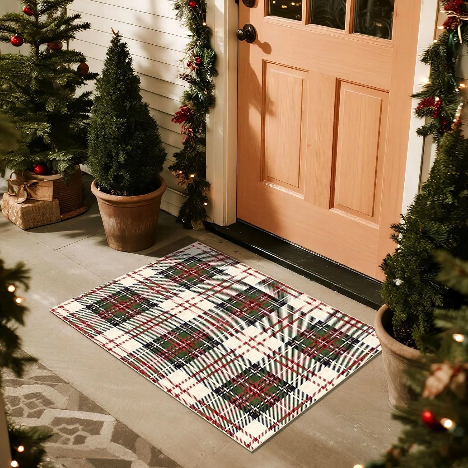 Christmas 3x5 Entry Rug - Small Washable Indoor Outdoor Mats for Front Door Non-Slip Porch Rug Holiday Tartan Plaid Throw Rugs for Living Room Bedroom Entryway Kitchen Office Porch Decor