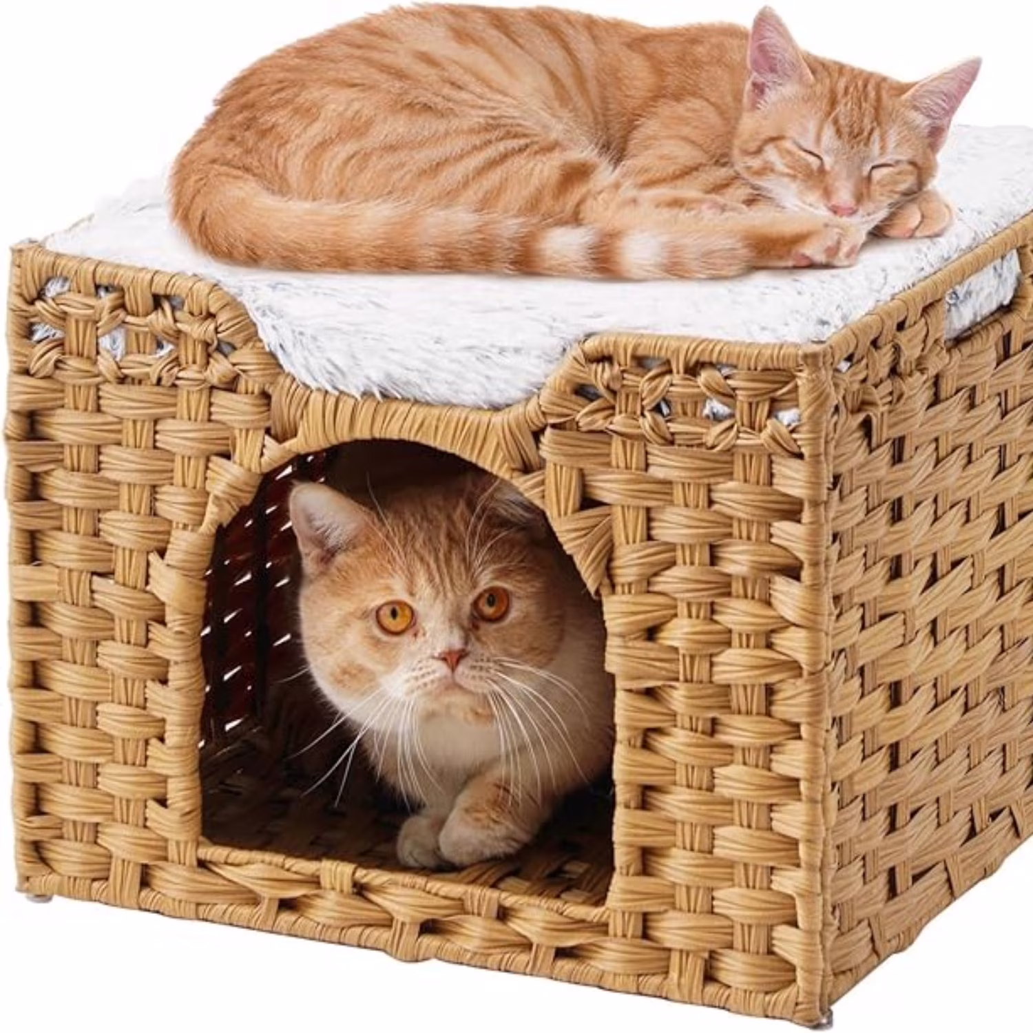 Cat Beds Indoor Kitten House, Handwoven Rattan Cat Cave Pet Cube, Large Cat Houses, One Bed Mat, Foldable, Hideaway, 16.5x16.5x13.2 Inches, 2 S-Shaped Hooks in Living Room Bedroom Natural