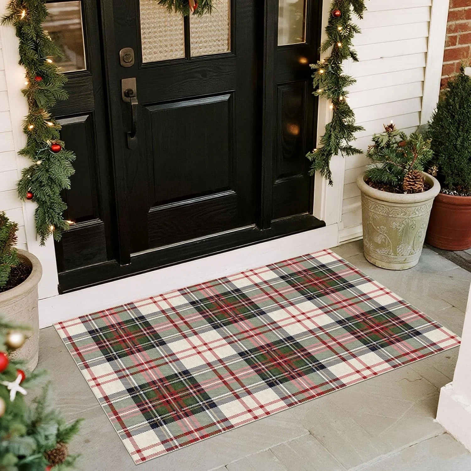 Christmas 3x5 Entry Rug - Small Washable Indoor Outdoor Mats for Front Door Non-Slip Porch Rug Holiday Tartan Plaid Throw Rugs for Living Room Bedroom Entryway Kitchen Office Porch Decor