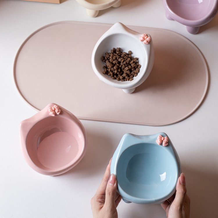Cute Ceramic Pet Bowl for Dogs & Cats - Single/2-Pack/2-Pack + Silicone Placemat Sets, Multiple Colors