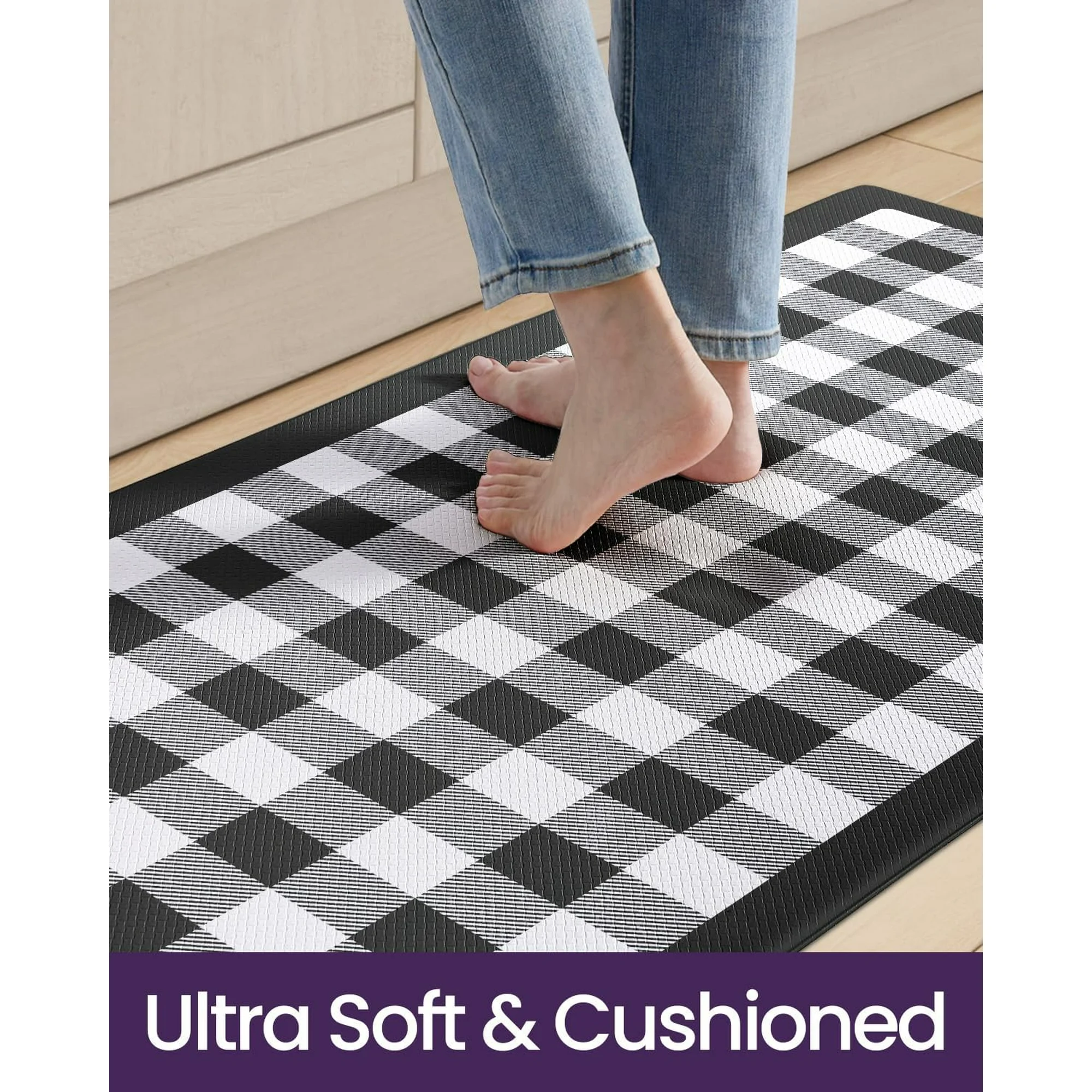 Kitchen Floor Mats Anti Fatigue, 20x29+20x59 Large Wide Cushioned Runner Rug Memory Foam, Waterproof Comfort Standing Padded Non Skid for Home Office Sink Laundry, Black and White Buffalo Plaid