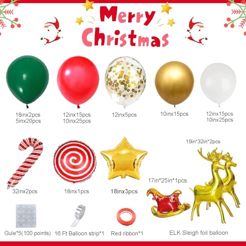 AobkDeco 138PCS Christmas Balloon Garland Arch Kit With Red Green Gold White Balloons Candy Balloon Sequin Balloons Moose Sleigh Balloon for Christmas Party Decorations Supplies