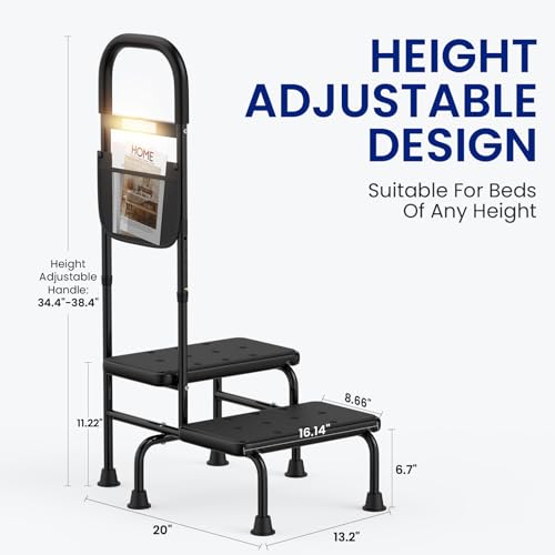 2 Step Stool with Handle for Elderly Heavy Duty Bed Steps for High Beds for Adults Two Step Stools for Seniors with Adjustable Handrail Non-Skid Platform LED Light Foot Stool for Kitchen Bathtub