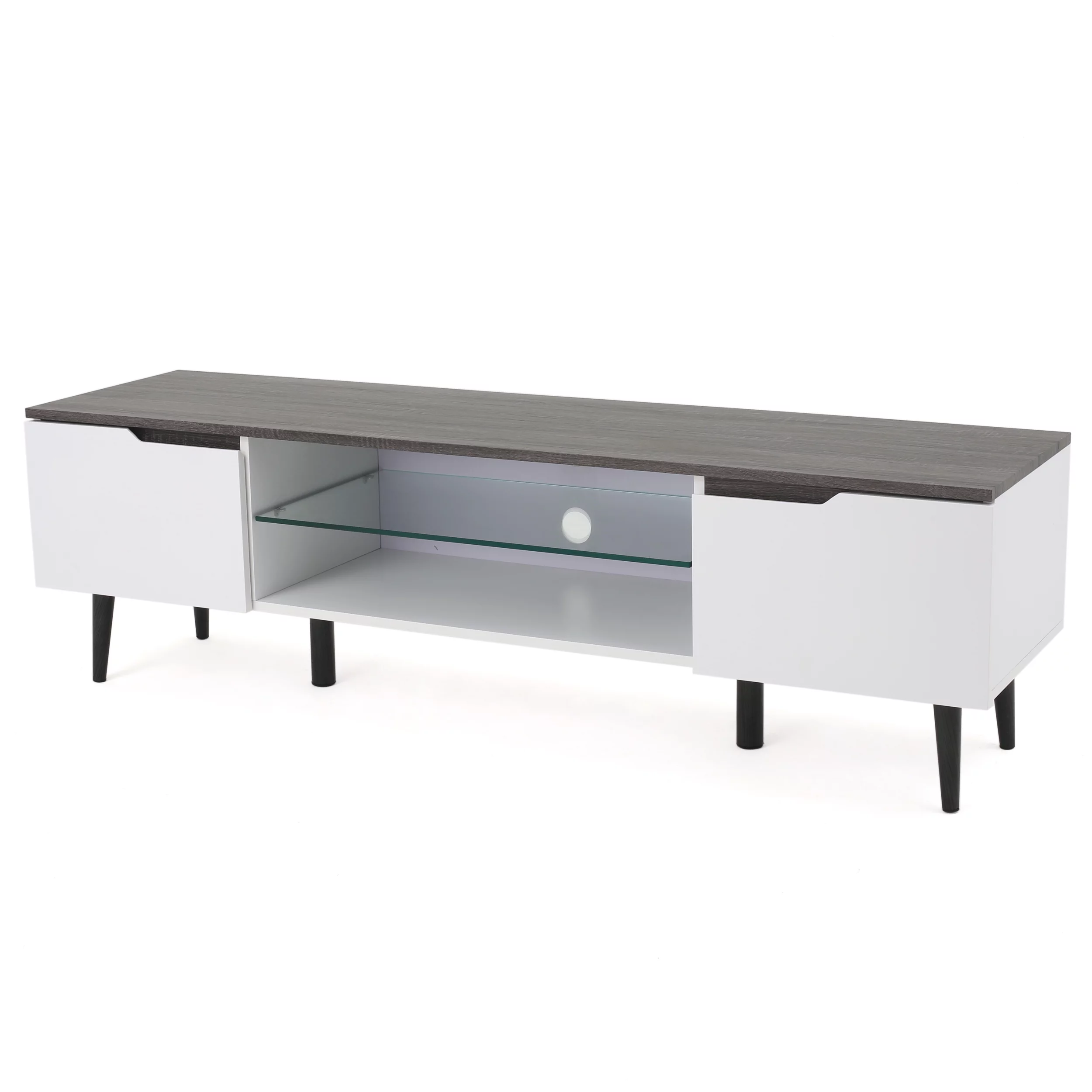 Aldrige Mid-Century Modern Two-Toned TV Stand with Glass Shelf, Gray and Matte White