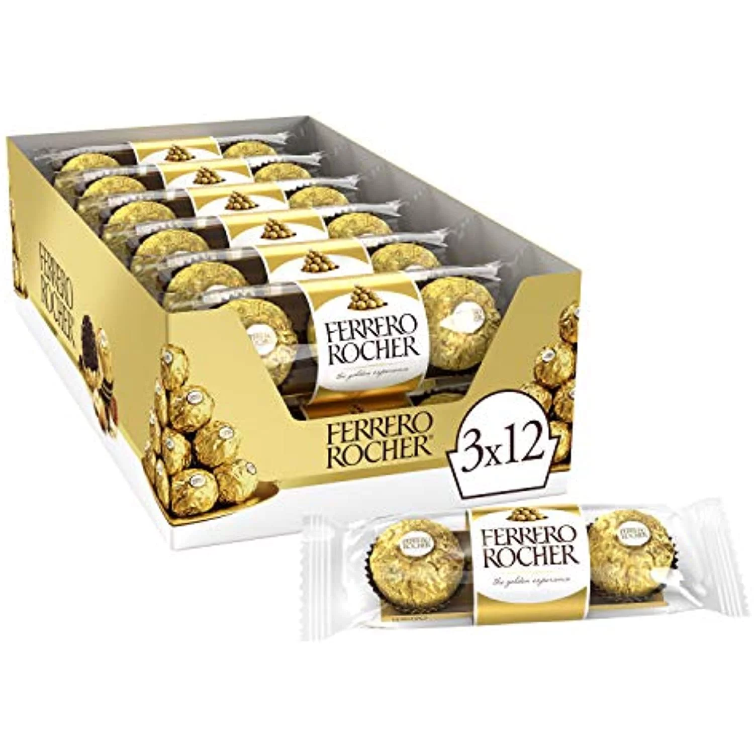 Ferrero Rocher Fine Hazelnut Milk Chocolate, 3 Count, Pack Of 12 Individually Wrapped Chocolate Candy Gifts, 1.3 Oz