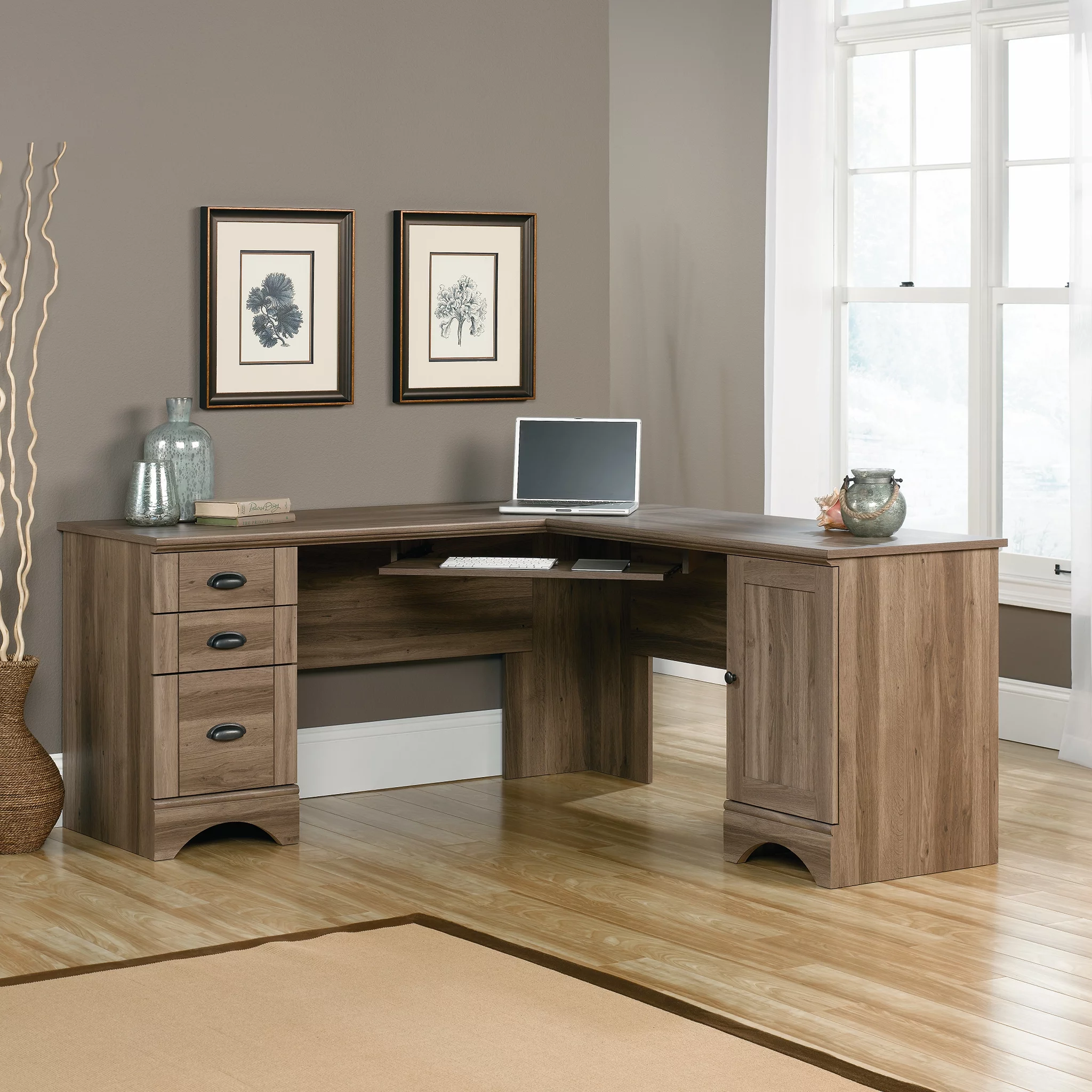Sauder Harbor View L Shaped Computer Desk with Storage in Salt Oak