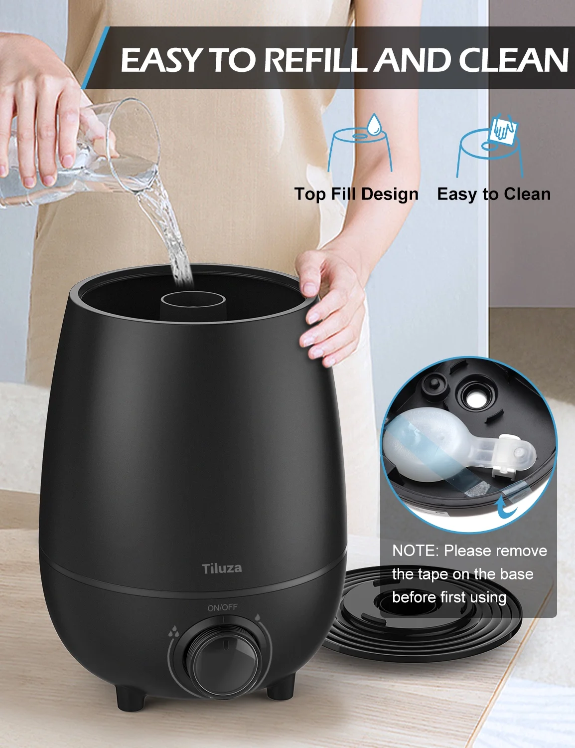 Tiluza Humidifiers for Bedroom, 3L Cool Mist Humidifier for Home Plant and Baby Nursery, Top Fill Quiet Ultrasonic Air Humidifier with 360° Nozzle, Auto Shut-Off, Filterless (Black)
