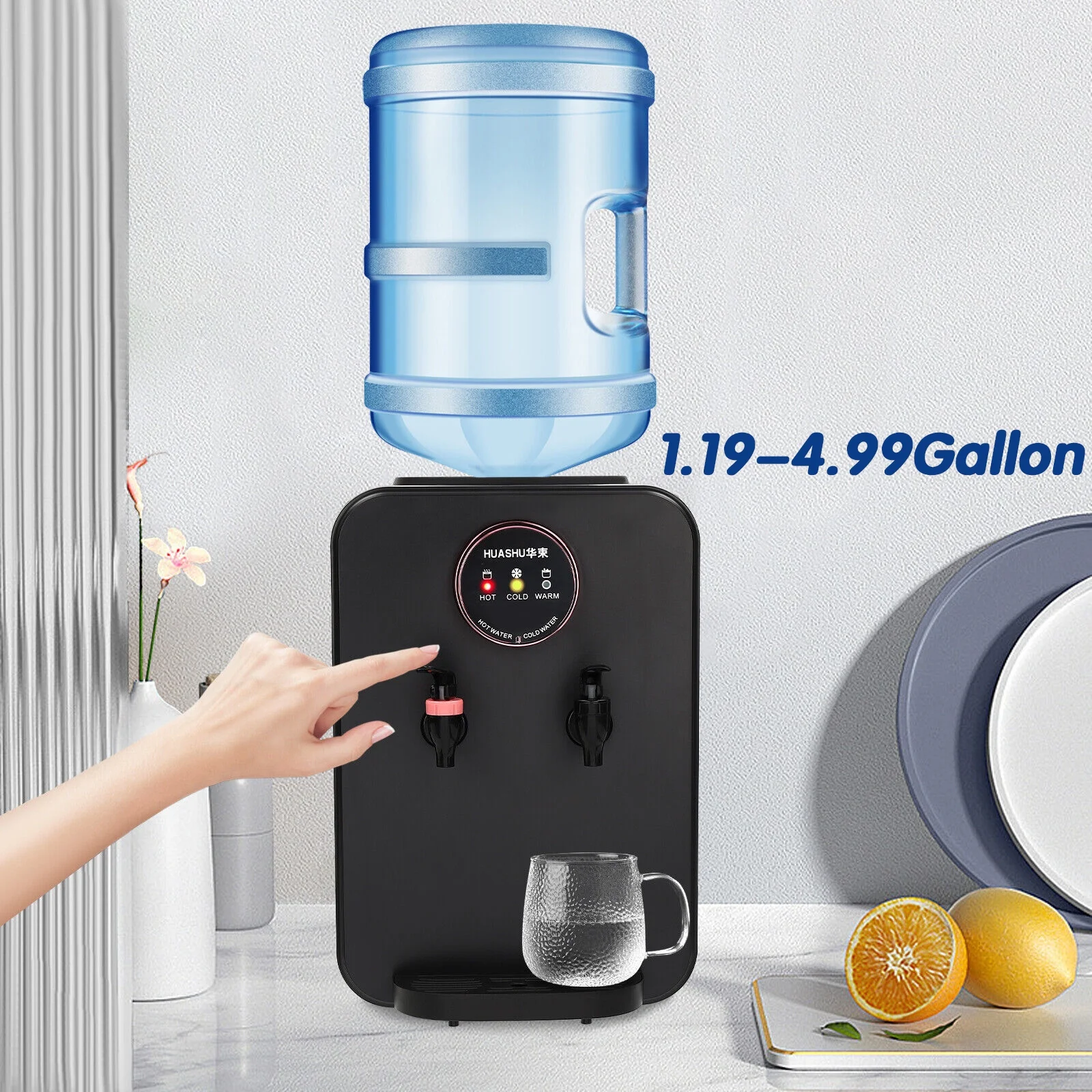 Top Loading Water Cooler, Countertop Hot/Cold Water Dispenser, 110V Premium Water Dispenser with Hot Cold and Room Temperature Water,Black,Applicable Bucket Capacity 4.5-18.9L/1.19-4.99gal
