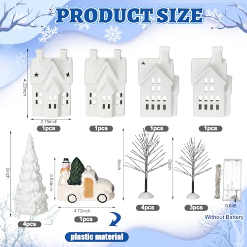 Christmas Village Sets of 17 Include 4 LED White Ceramic Christmas Village Houses with 4 Ceramic Xmas Trees Plastic Truck 7 Branch Trees for Rustic Farmhouse Xmas Decorations Indoor Home