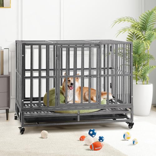 Heavy Duty Indestructible Dog Crates for Large Dogs - 38 inch Folding Dog Kennel Extra Large Cage Crate, High Anxiety Dogs Crate Indoor with Lockable Wheel, Double Door, Removable Tray, XL XXL