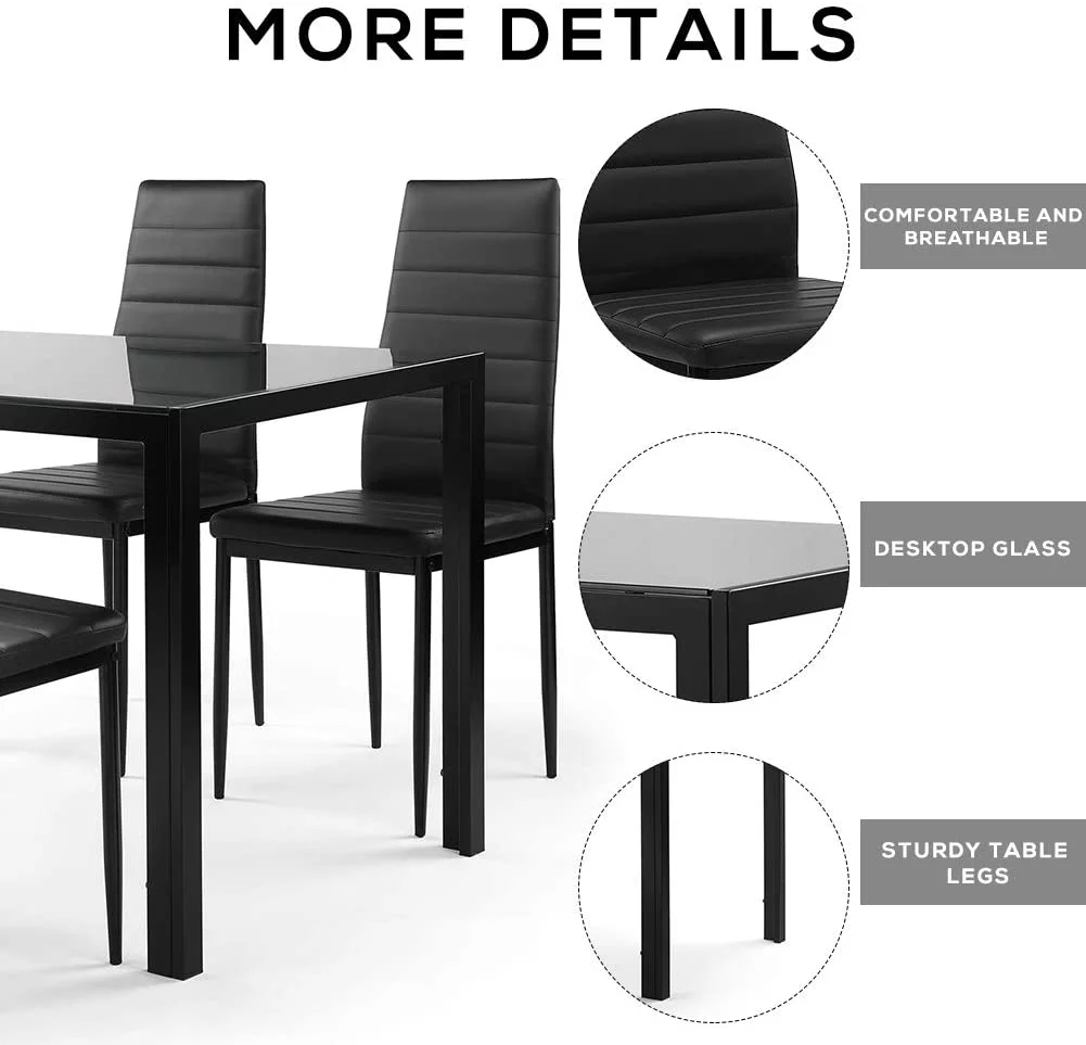 Recaceik Glass Dining Table and 4 PU Leather Chair, Suit 4-6 families, Kitchen Table 29.5