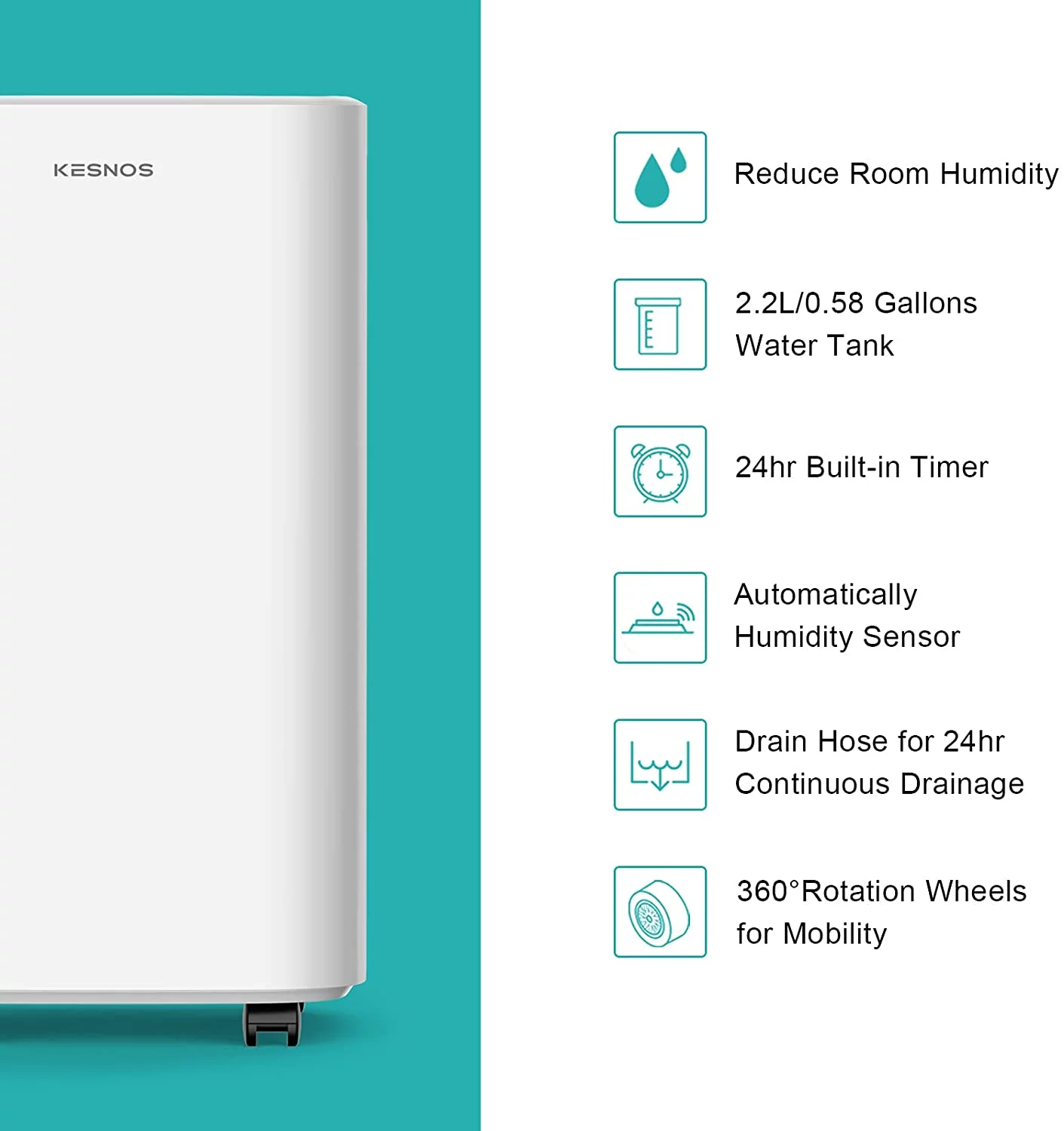Kesnos 34 Pints 2000 Sq. Ft Dehumidifiers for Large Home and Basements, with Continuous Drain Hose, 24Hr Timer, Child Lock, Auto Defrost