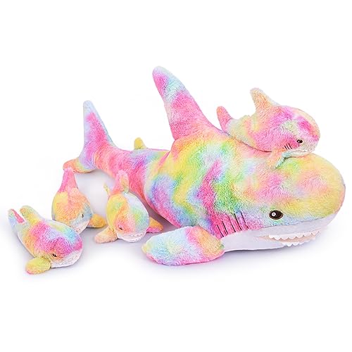 Giant Shark Stuffed Animals Plush, Large Shark Plush Pillow with 4 Little Sharks, 100cm/39.4inches Colorful Sharks Plush Toy Gifts for Kids(Pink)