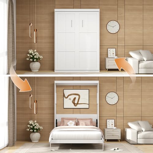 Murphy Bed Full - Space Saving, Convertible Full Murphy Bed Hidden Bed for Guest Rooms, Home Offices, Studio Apartments, Dorms - Easy Pull-Out Mechanism. (White)
