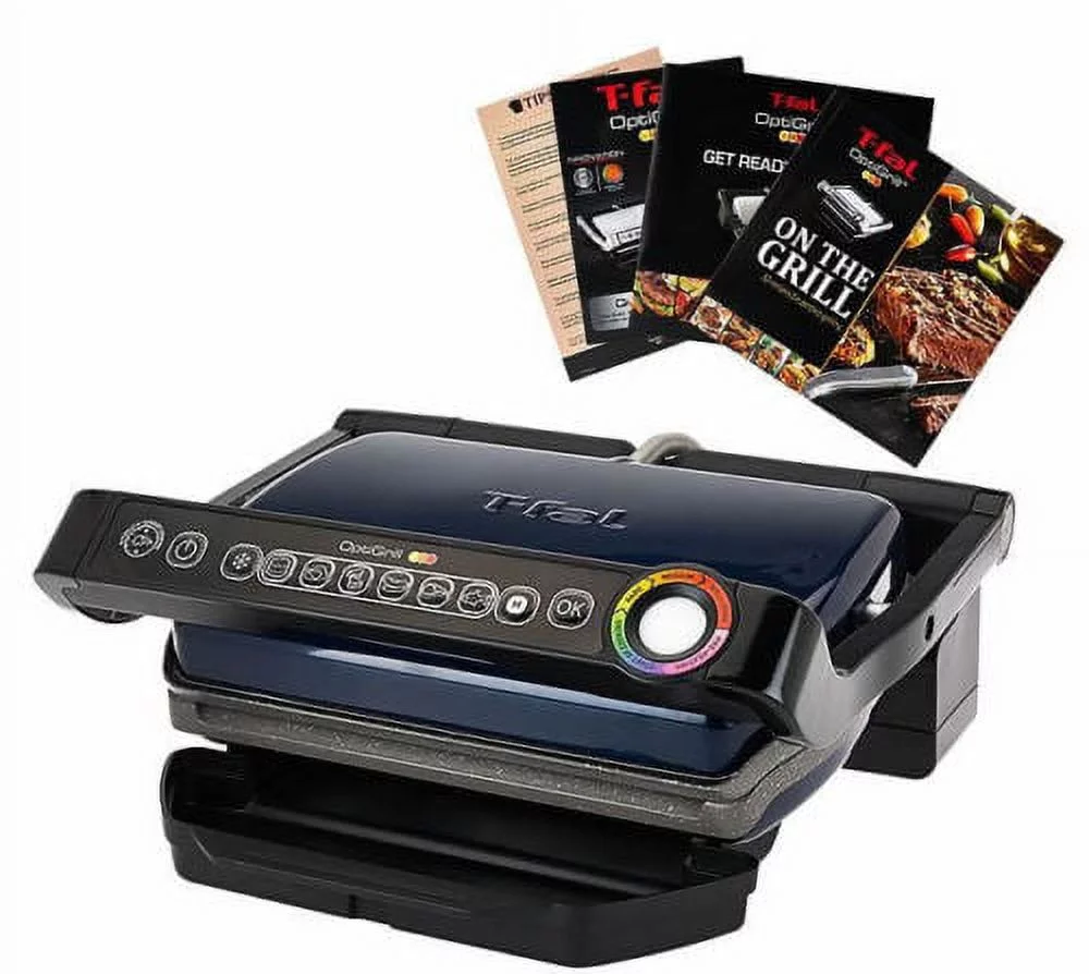 T-FAL GC704 OptiGrill with Recipe Books Indoor Electric Grill Removable Ceramic Plates -Blue