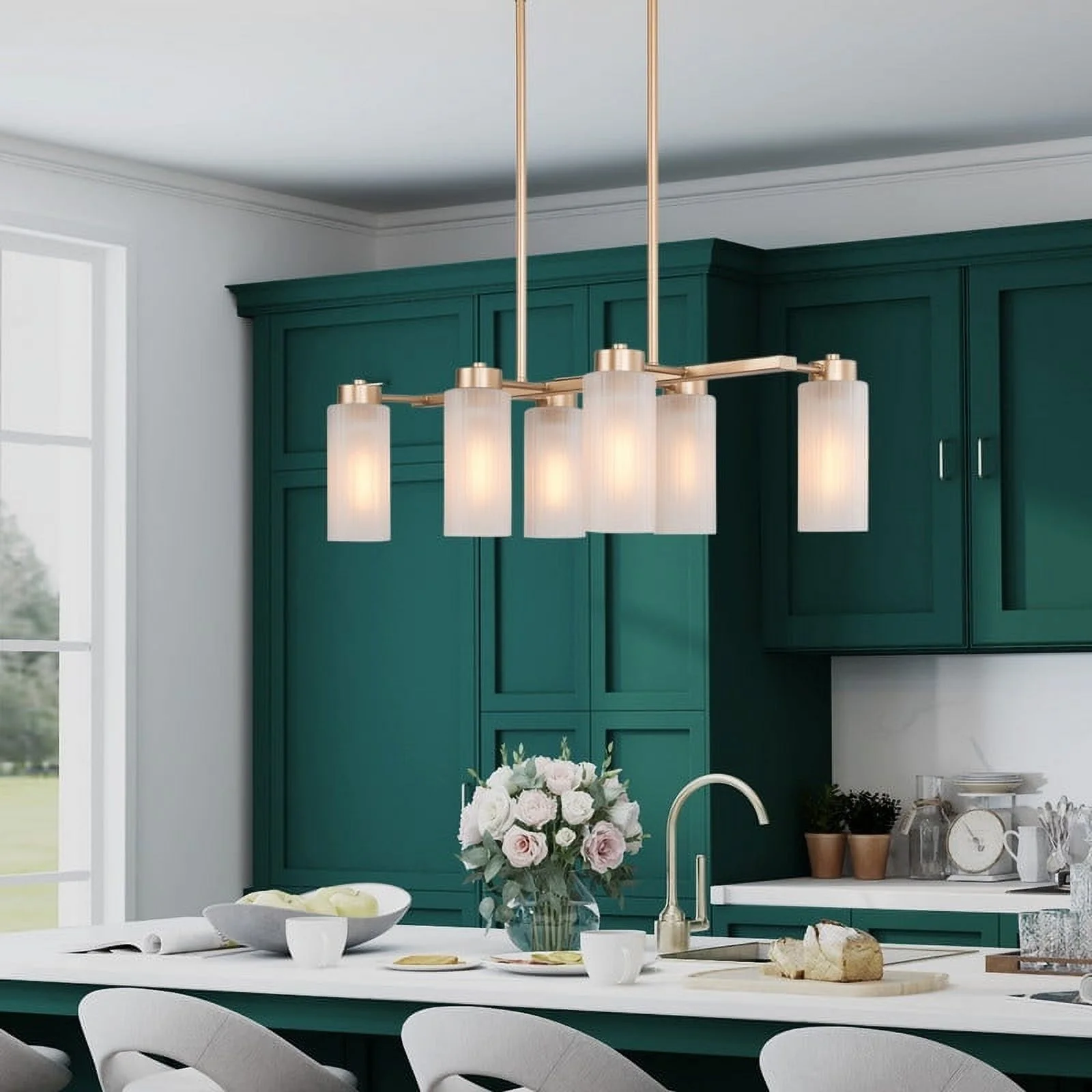 Mid-century Modern 6-Light Gold Linear Chandelier Glass Island Lights for Dining Room - L24.4