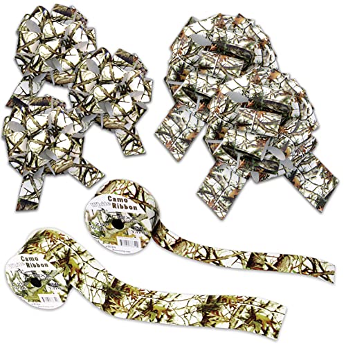 White Hunting Camo Ribbon & Bows Gift Wrapping Kit - 40 Yards of White Camouflage Ribbon and 5 Camo Bows for Gifts, Christmas and Crafts - Hunter Birthdays - (by Havercamp)