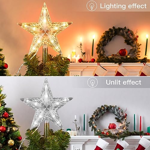 Brightown Christmas Tree Topper Star Lighted Transparency Bethlehem Hexagram 3D Pentagram Built-in 10 Bulbs Christmas Tree Star Topper Plug in Vintage Indoor Office Xmas Decorations Holiday Decor