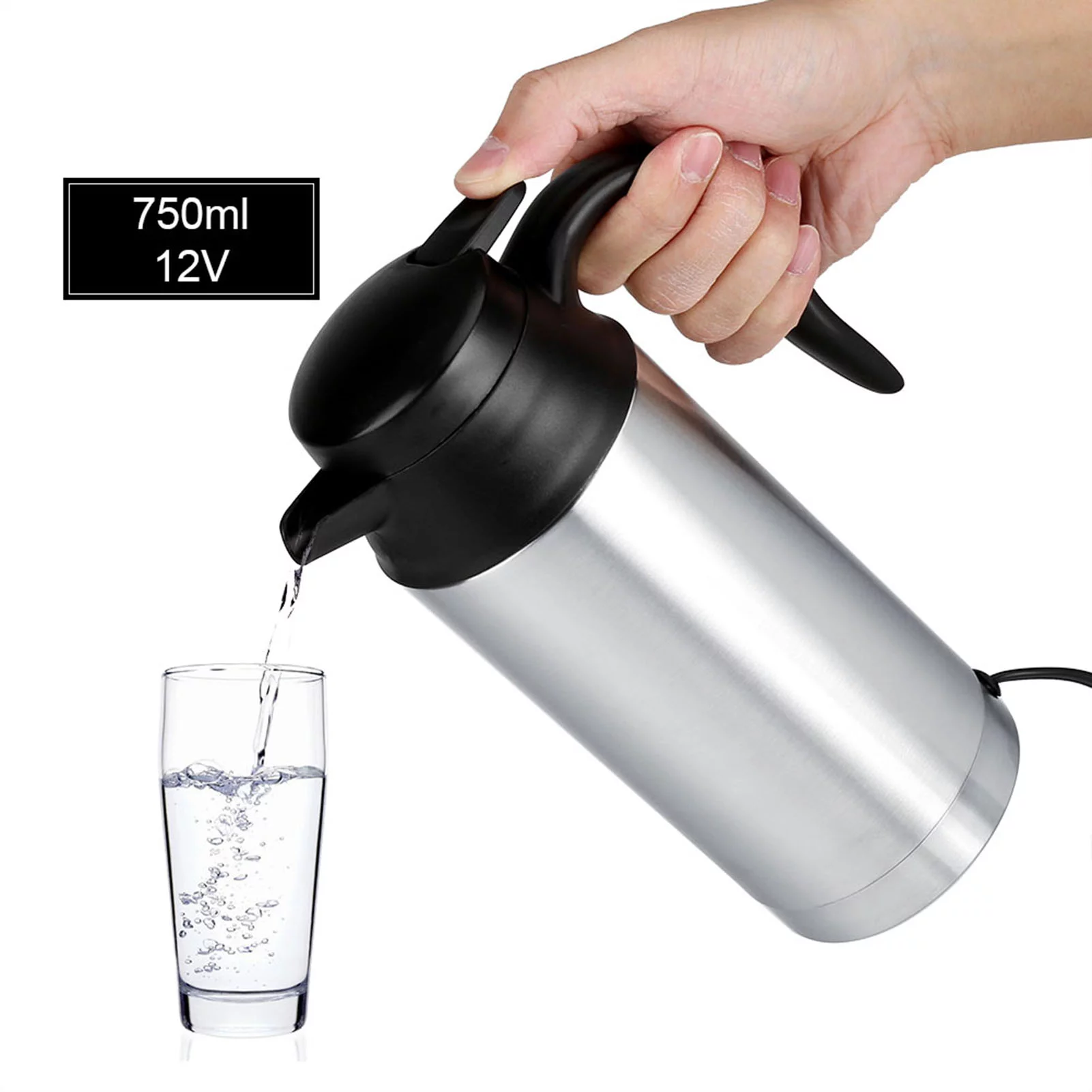 12V 750ml Stainless Steel Electric Car Kettle Heating Cup Car Coffee Mug Travel Water Bottle