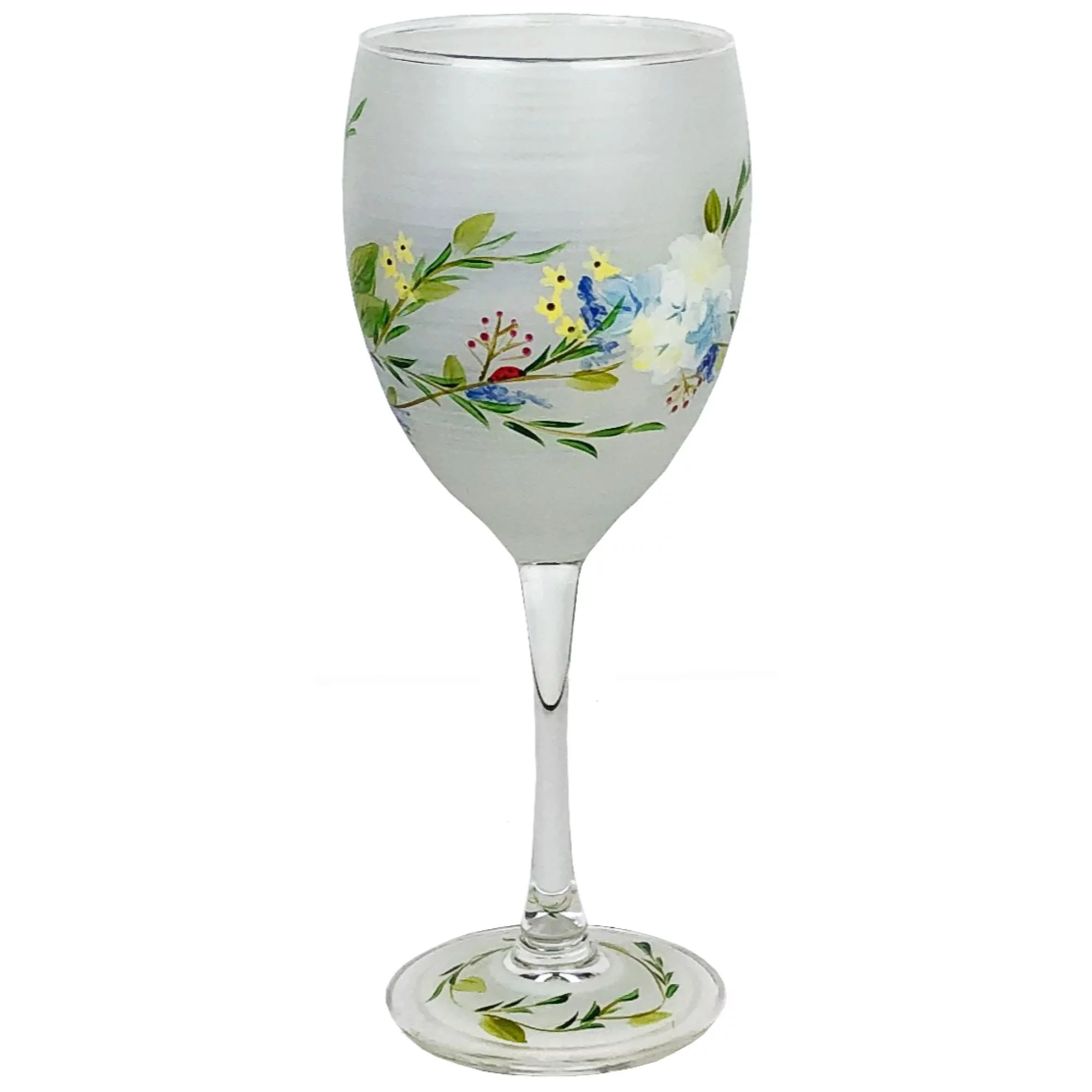 Crafted Creations Set of 2 White and Blue Floral Hand Painted Wine Glass 10.5 oz.