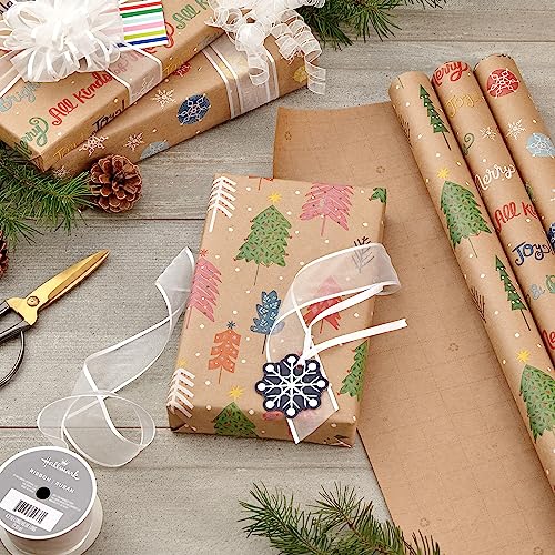 Hallmark Christmas Wrapping Paper Rolls, Brown Kraft Holiday Gift Wrap (Pack of 3: 90 sq. ft. ttl) Snowflakes, Pink Trees, 