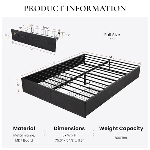 SHA CERLIN Queen Platform Bed Frame with 2 Large Storage Drawers, Rustic Wood and Metal, Noise-Free, Easy Assembly, No Box Spring Needed, Black