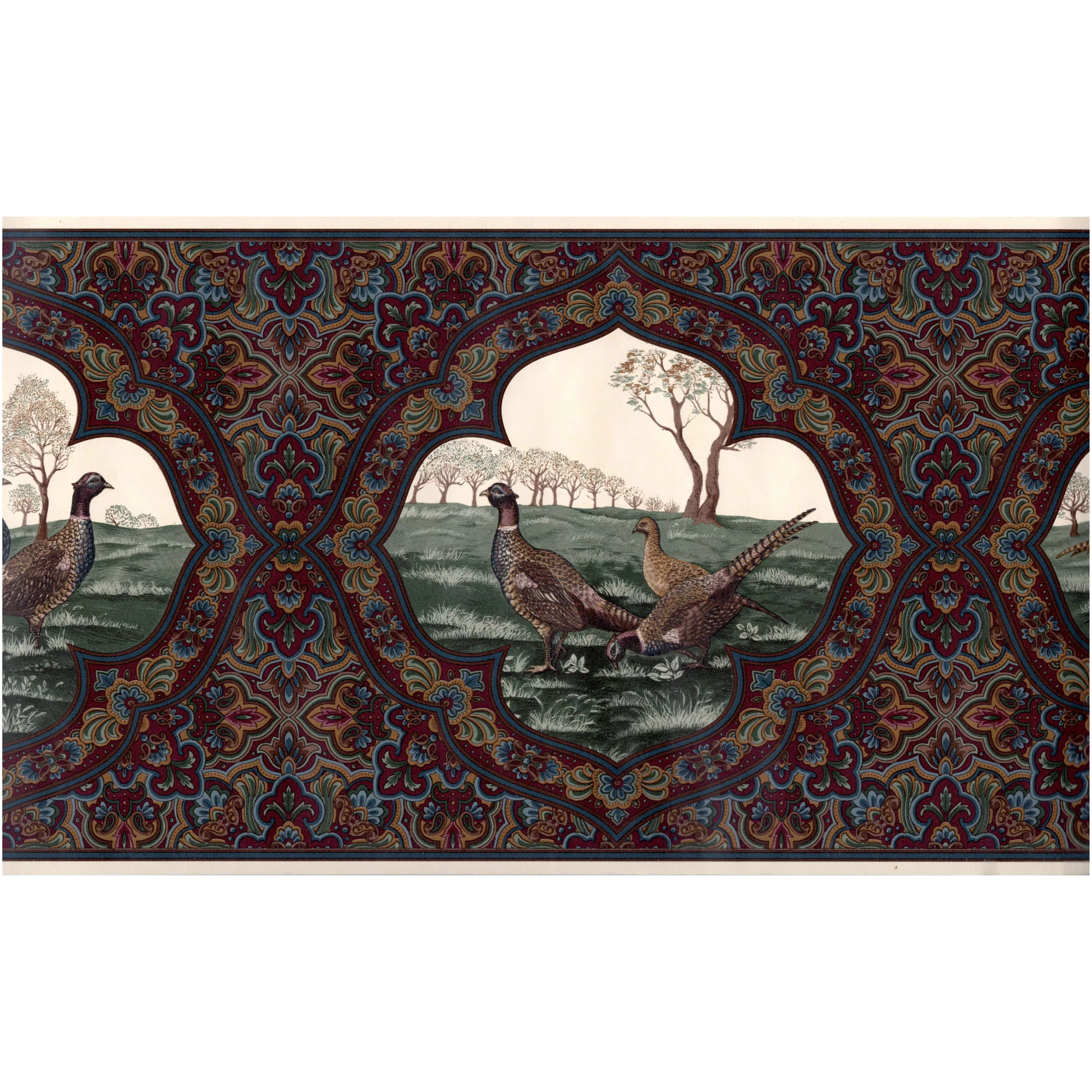 Trimz Vintage Paisley Pheasants Wallpaper Border, Dark burgundy, Green, Blue, Brown, 15' L x 10.25