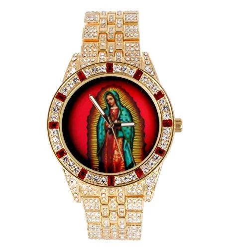 Charles Raymond The Virgin of Guadalupe Blessed Dial - Mens Hip Hop Metal Timepiece - Blood Red Baguettes and Clear Rhinestones on Trim w/Iced Cuban Bracelet - (ST10361BC Gold)