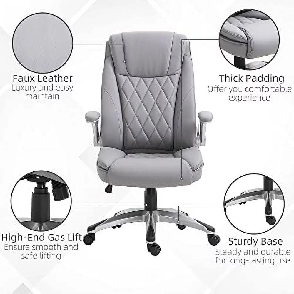 High Back 360° Swivel Ergonomic Home Office Chair With Up Arms, Faux Leather Computer Desk Rocking Chair, Grey